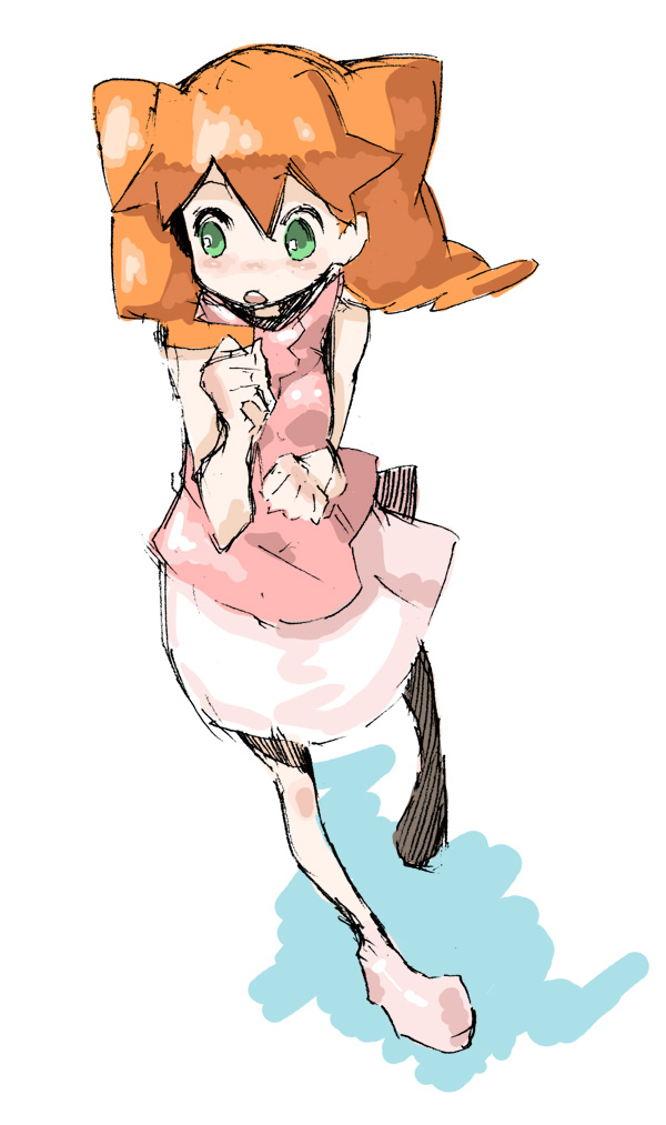 junmai karin, medarot, looking away, bad id, bad pixiv id, 1girl, :o, blush, clenched hands, female focus, flat chest, green eyes, hair between eyes, long hair, open mouth, orange hair, red hair, shirt, simple background, sketch, skirt, sleeveless, sleeveless shirt, solo, standing, turtleneck, twintails, white background