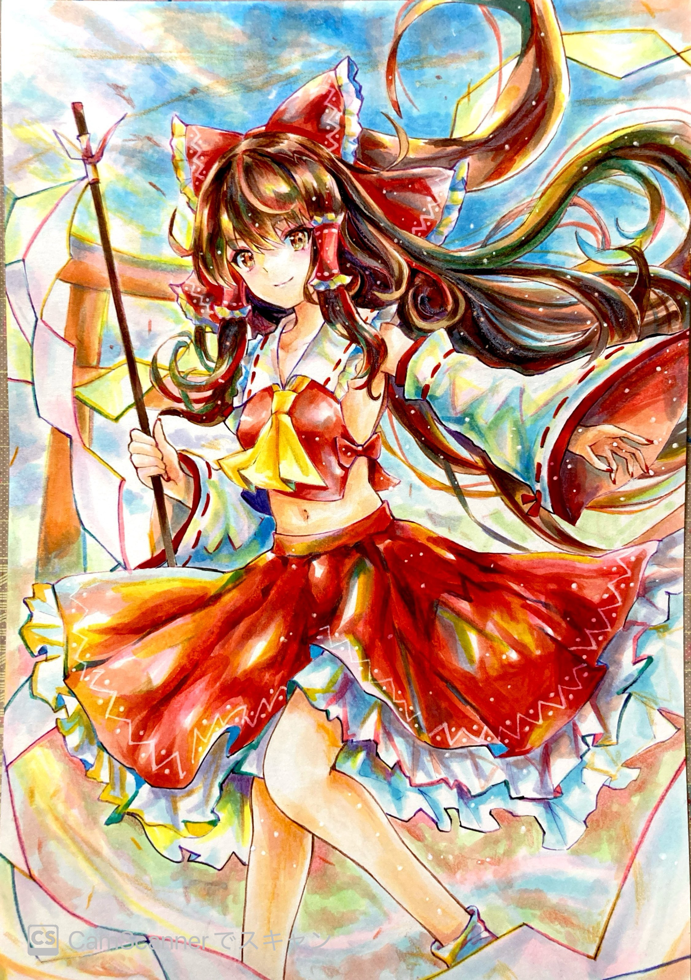 hakurei reimu, touhou, absurdres, highres, traditional media, 1girl, ascot, bow, brown eyes, brown hair, detached sleeves, frilled skirt, frills, gohei, hair bow, hair tubes, holding, holding gohei, kazu (pixiv 73870096), long hair, looking at viewer, navel, nontraditional miko, red shirt, red skirt, shirt, skirt, sleeveless, sleeveless shirt, smile, solo, torii, yellow ascot