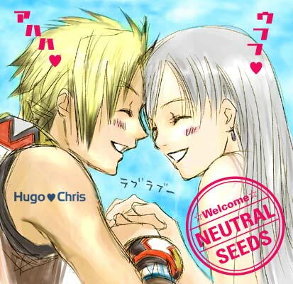 neutral seeds, chris lightfellow, hugo (suikoden iii), gensou suikoden, gensou suikoden iii, silver hair, lowres, 1boy, 1girl, blush, character name, closed eyes, couple, hetero, holding hands, long hair, smile