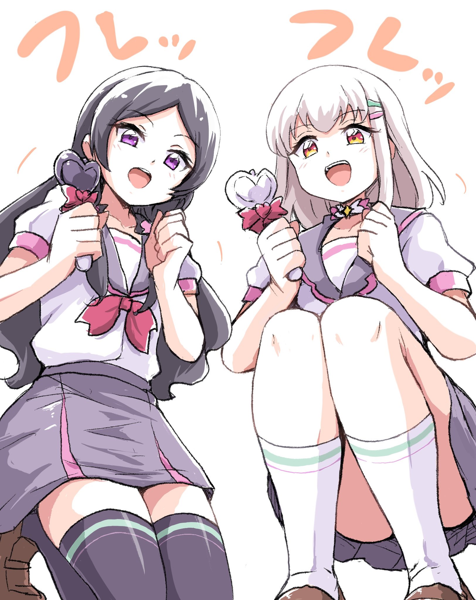 uraki, meroron (precure), purirun (precure), kimi to idol precure, precure, highres, 2girls, ass, bare arms, black hair, black socks, blonde hair, blunt bangs, blush, braid, choker, collarbone, covering crotch, covering privates, hair ornament, hair ribbon, hair tie, hairpin, heart stick, holding lightstick, kneehighs, kneeling, loafers, low twintails, meroron (civilian) (precure), miniskirt, multiple girls, neck, open mouth, parted bangs, purirun (civilian) (precure), ribbon, ribbon choker, sailor, sailor collar, school uniform, shirt, shoes, short sleeves, skirt, smile, socks, twin braids, twintails, white shirt