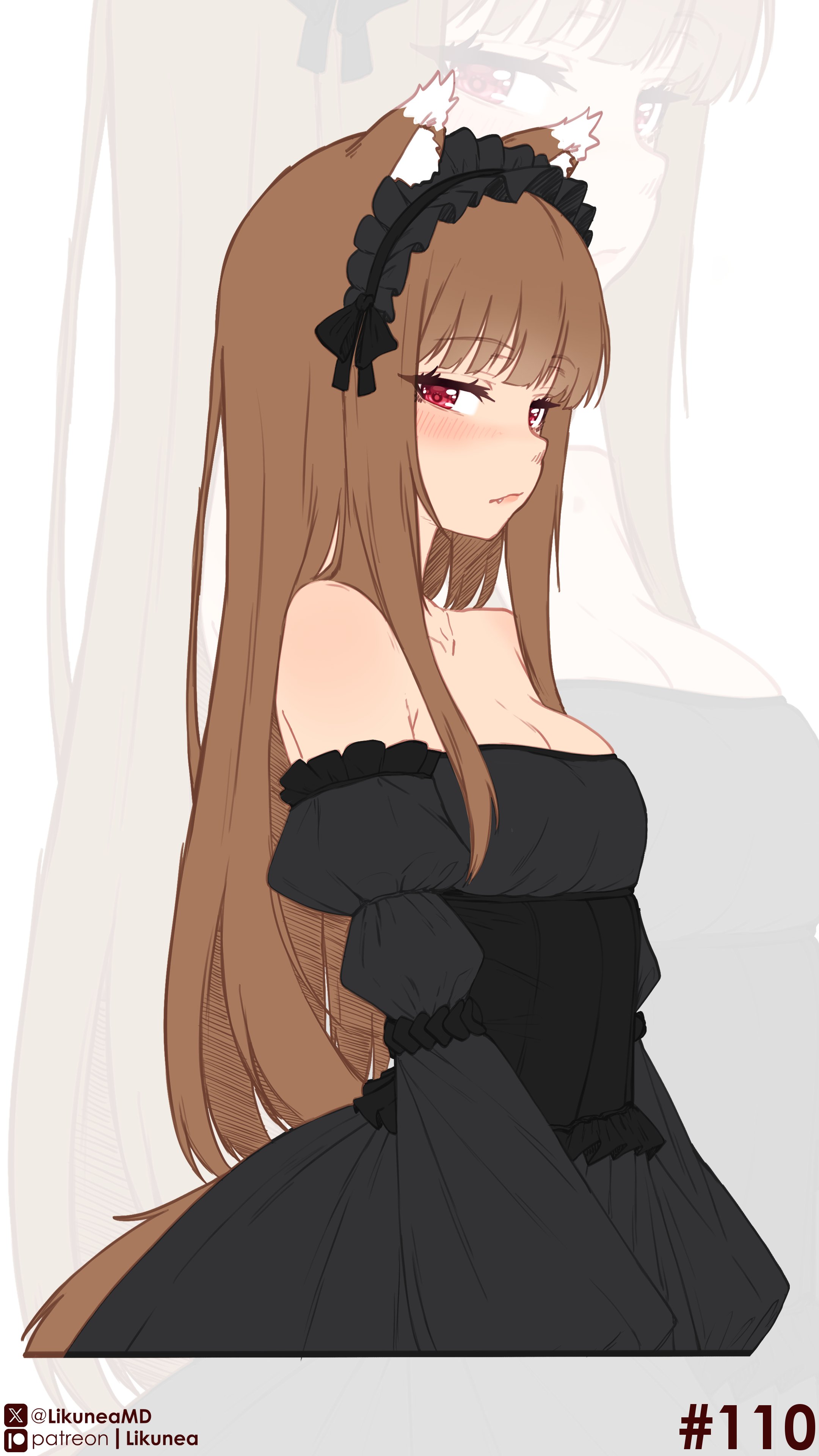 likunea, holo, spice and wolf, absurdres, commentary, english commentary, highres, 1girl, animal ears, bare shoulders, black dress, black hairband, black sleeves, blush, breasts, brown hair, cleavage, closed mouth, detached sleeves, dress, fang, frilled hairband, frills, goth fashion, hairband, lips, long hair, looking at viewer, medium breasts, patreon logo, patreon username, red eyes, solo, tail, twitter username, twitter x logo, wolf ears, wolf girl, wolf tail, zoom layer