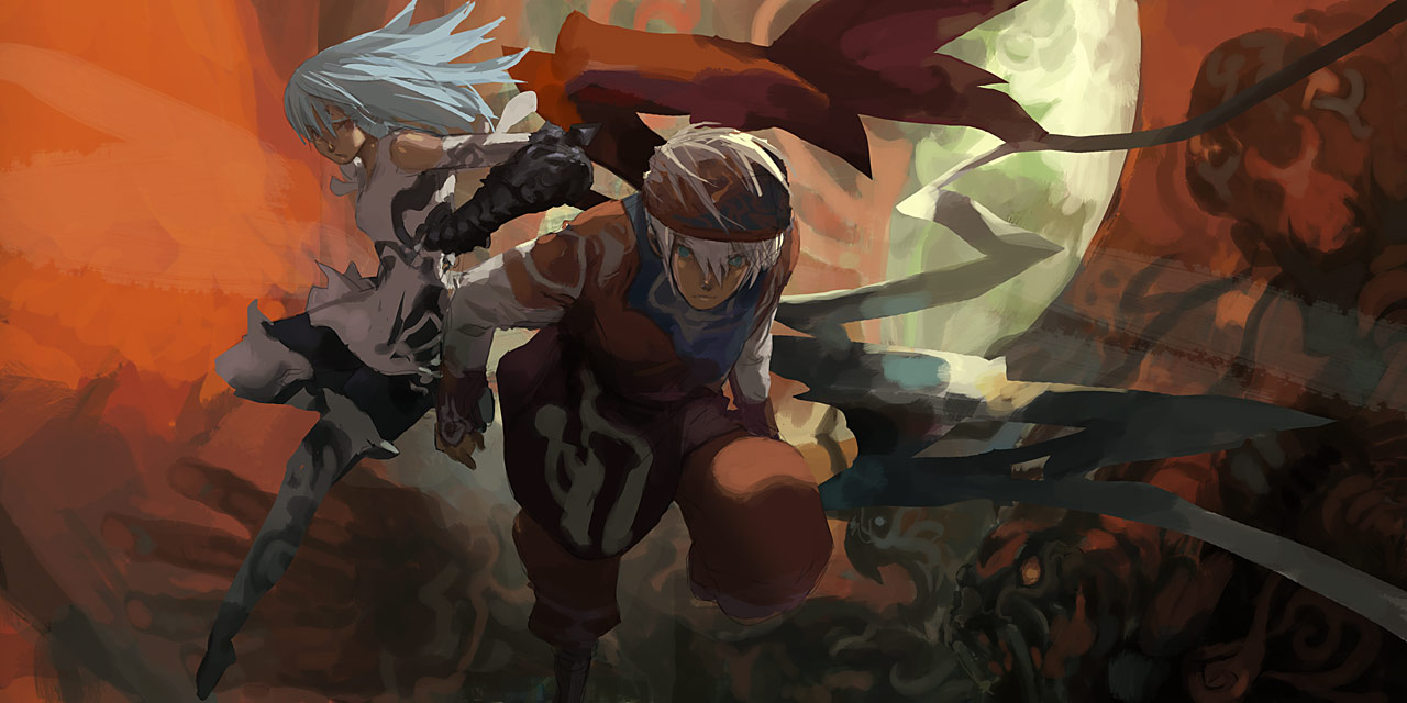 nouzui, bad id, bad pixiv id, action, blue eyes, blue hair, gauntlets, kneehighs, monster, red eyes, socks, white hair