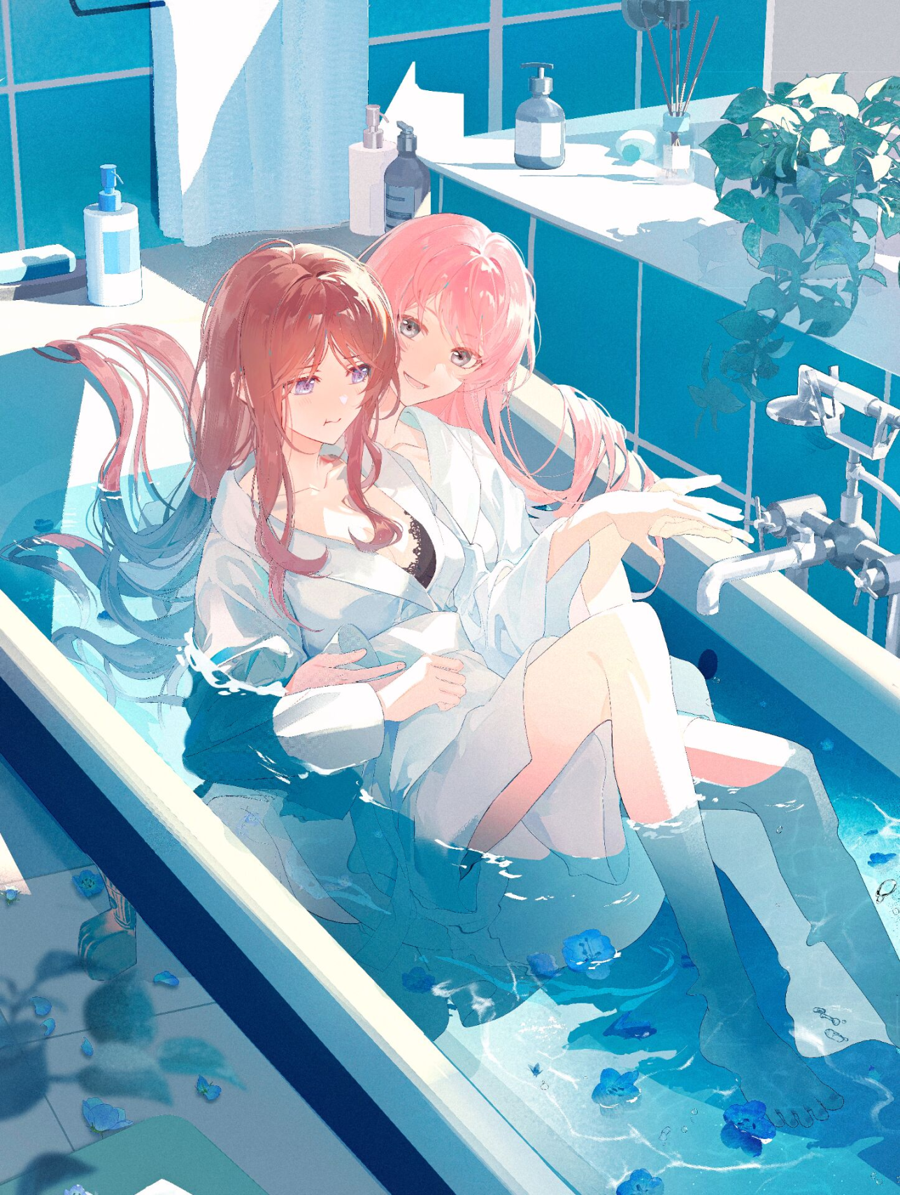 hiroww, chihaya anon, nagasaki soyo, bang dream!, bang dream! it's mygo!!!!!, chinese commentary, commentary request, commission, highres, mixed-language commentary, 2girls, bath, bathtub, blue eyes, blush, brown hair, closed mouth, grey eyes, indoors, long hair, long sleeves, multiple girls, open mouth, partially submerged, pink hair, same-sex bathing, shared bathing, shirt, smile, soap bottle, water, white shirt, yuri