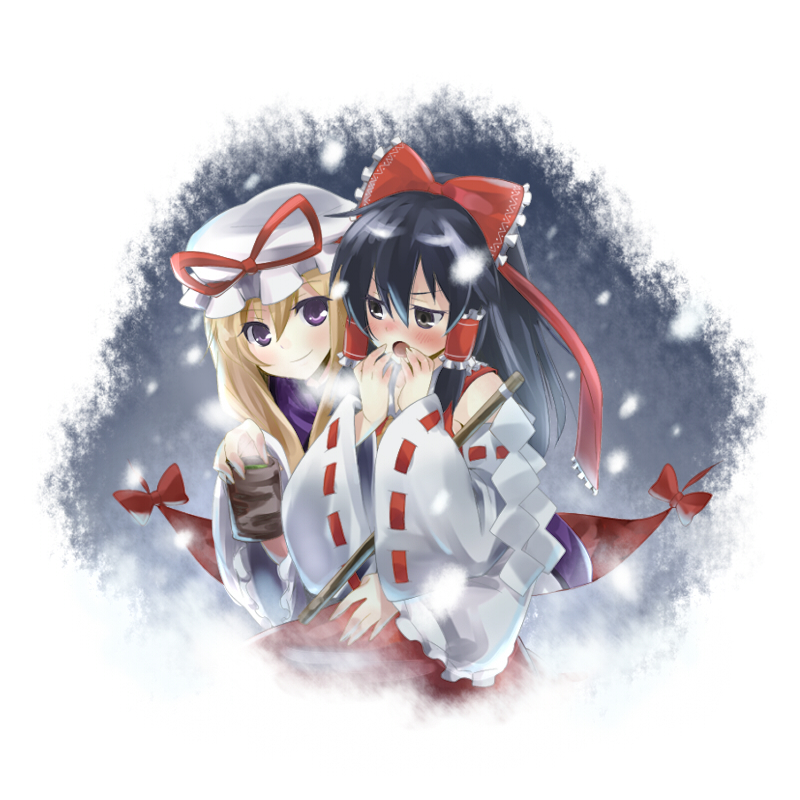 kiji (manekinuko-tei), hakurei reimu, yakumo yukari, perfect cherry blossom, touhou, 2girls, black hair, blonde hair, blush, breath, cup, detached sleeves, female focus, gap (touhou), gohei, hand to own mouth, hug, hug from behind, long hair, multiple girls, purple eyes, smile, snow, tea, yuri