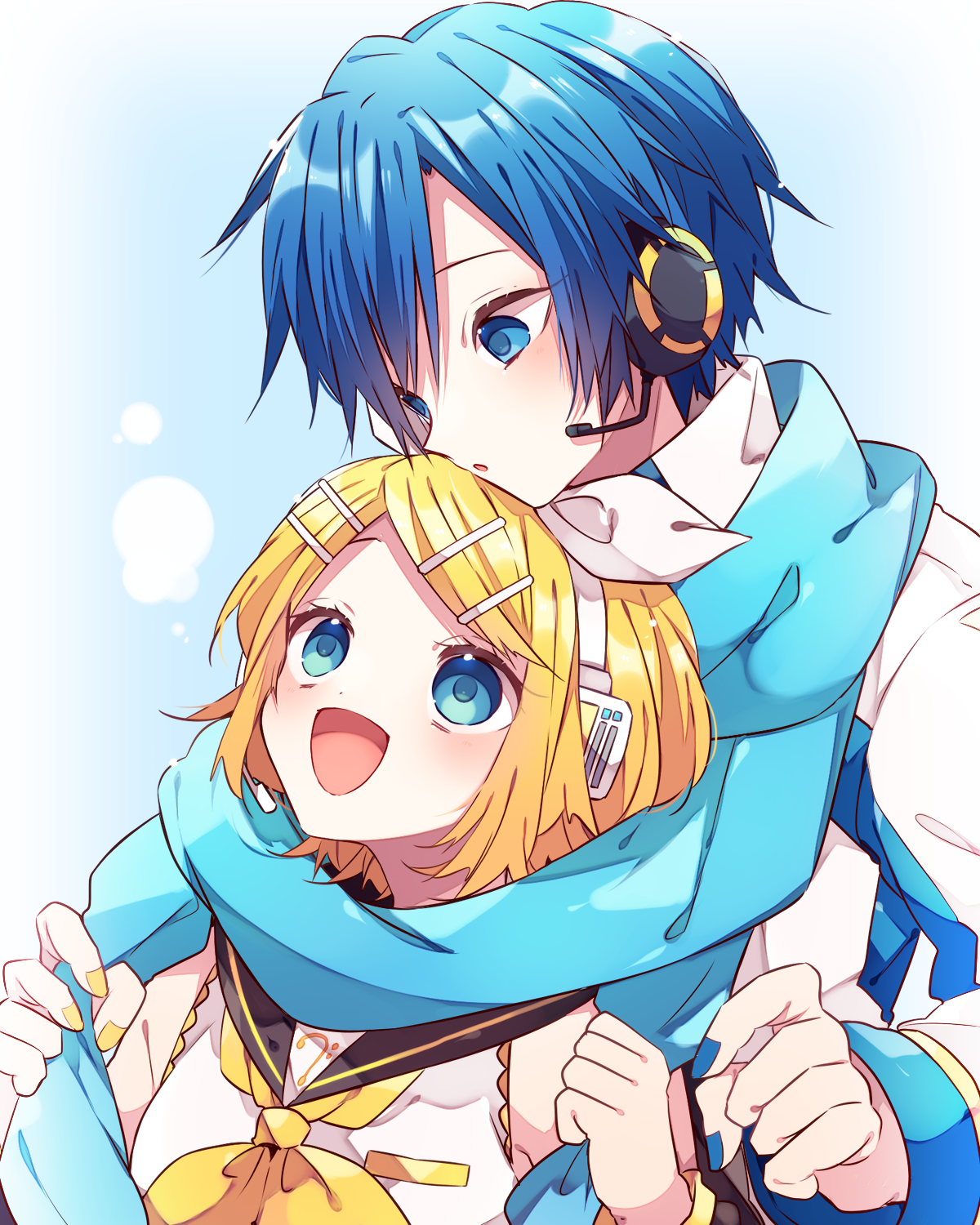kaho 0102, kagamine rin, kaito (vocaloid), vocaloid, commentary request, highres, 1boy, 1girl, :d, :o, arm warmers, bass clef, black sailor collar, blonde hair, blue background, blue eyes, blue hair, blue scarf, hair ornament, hairclip, headset, long sleeves, neckerchief, open mouth, parallel hairclips, parted bangs, sailor collar, scarf, shared clothes, shared scarf, shirt, short hair, sleeveless, sleeveless shirt, smile, upper body, white shirt, yellow neckerchief