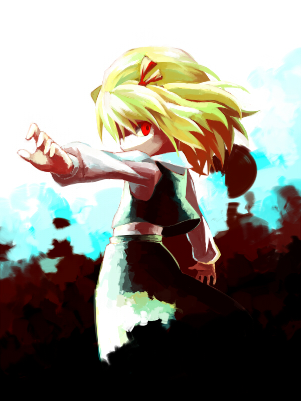 sawayaka samehada, rumia, embodiment of scarlet devil, touhou, bad id, bad pixiv id, 1girl, blonde hair, female focus, red eyes, ribbon, short hair, solo, standing