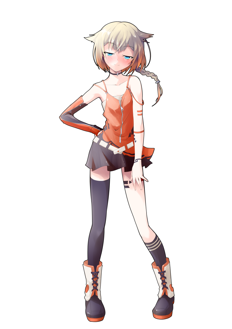 dairi, one (cevio), cevio, commentary request, highres, large variant set, variant set, 1girl, arm at side, armband, asymmetrical legwear, bare shoulders, black boots, black choker, black dress, black socks, black thighhighs, blonde hair, blush, boots, braid, breasts, choker, collarbone, crossed ankles, detached sleeves, dress, full body, gradient hair, hair between eyes, hair flaps, hair ornament, hand on own hip, lace-up boots, leg tattoo, legs apart, long sleeves, multicolored dress, multicolored hair, orange dress, orange hair, pleated dress, shirt, short dress, short hair, single braid, single sleeve, small breasts, socks, solo, standing, strap slip, tachi-e, tattoo, thighhighs, transparent background, two-tone dress, two-tone hair, uneven legwear, zettai ryouiki, zipper, zipper pull tab