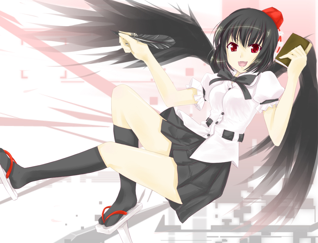 natsui, shameimaru aya, touhou, bad id, bad pixiv id, 1girl, black hair, black wings, female focus, hat, kneehighs, looking at viewer, notebook, open mouth, pen, red eyes, sandals, short hair, skirt, smile, socks, solo, wings