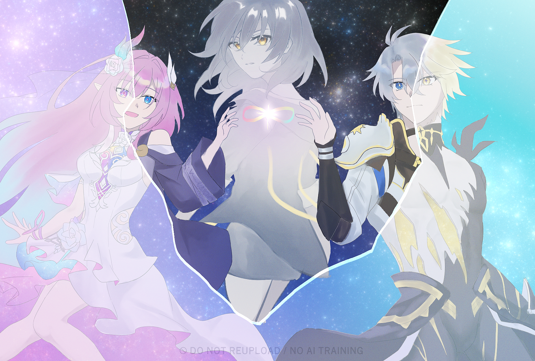 cyrene (honkai: star rail), cyrene (ripples of past reverie) (honkai: star rail), phainon (honkai: star rail), phainon (khaslana) (honkai: star rail), trailblazer (honkai: star rail), honkai: star rail, honkai (series), commentary request, highres, 1boy, 2girls, ahoge, akatuki048, armor, blue eyes, breasts, coat, cracked skin, cyrene (aedes elysiae) (honkai: star rail), dress, flower, gold blood, grey hair, hair flower, hair ornament, heterochromia, long hair, medium breasts, medium hair, multiple girls, pauldrons, pink hair, purple coat, short hair, shoulder armor, single pauldron, sky, star (sky), starry sky, topless male, very long hair, white dress, white hair, yellow eyes