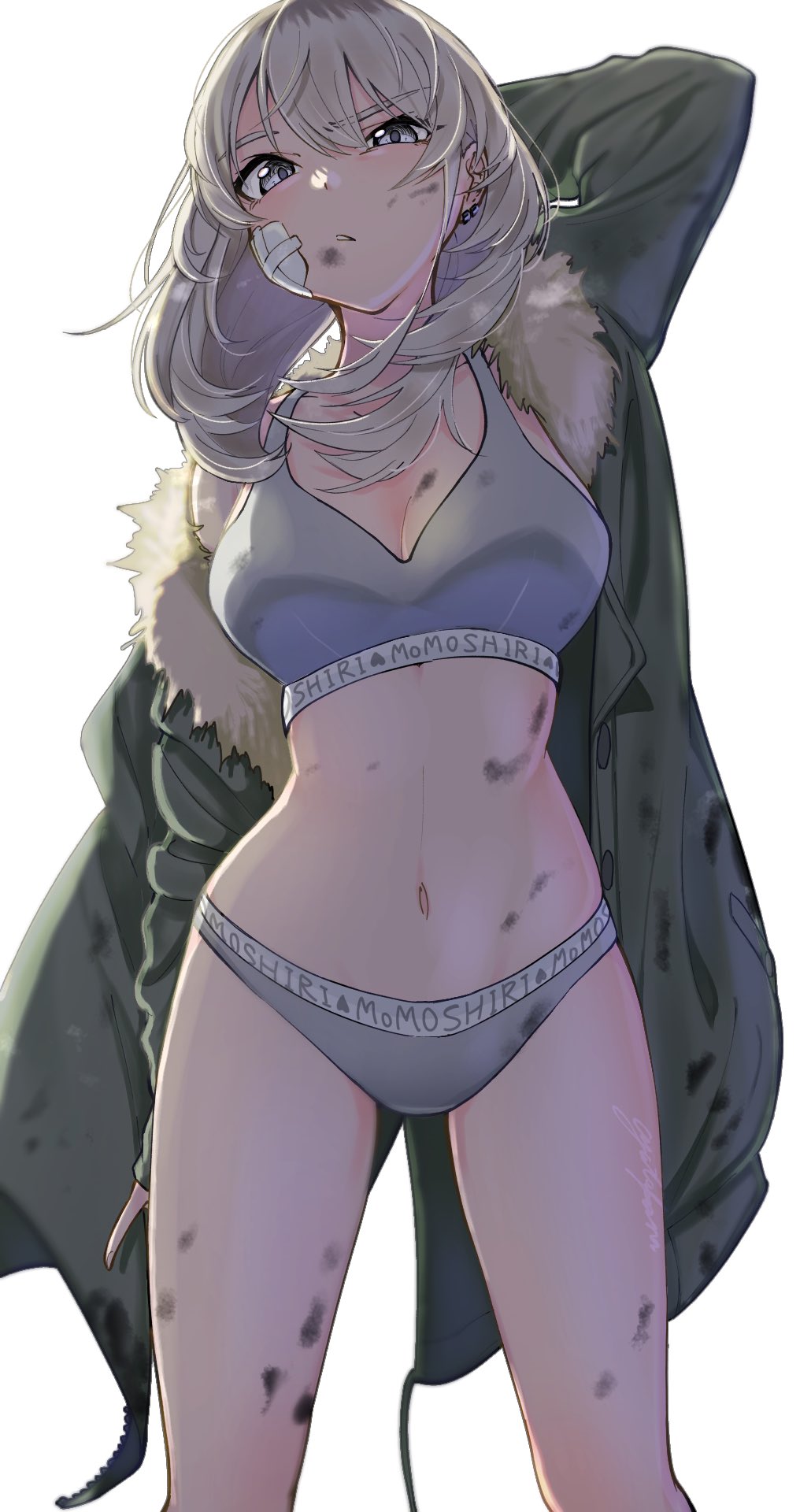 ayataka syumimi, kawaragi momoka, girls band cry, commentary request, highres, 1girl, arm up, bandaid, bandaid on face, bra, breasts, cleavage, dirty, ear piercing, grey bra, grey eyes, grey hair, grey panties, hair between eyes, large breasts, multicolored hair, navel, panties, piercing, roots (hair), simple background, solo, stomach, underwear, white background