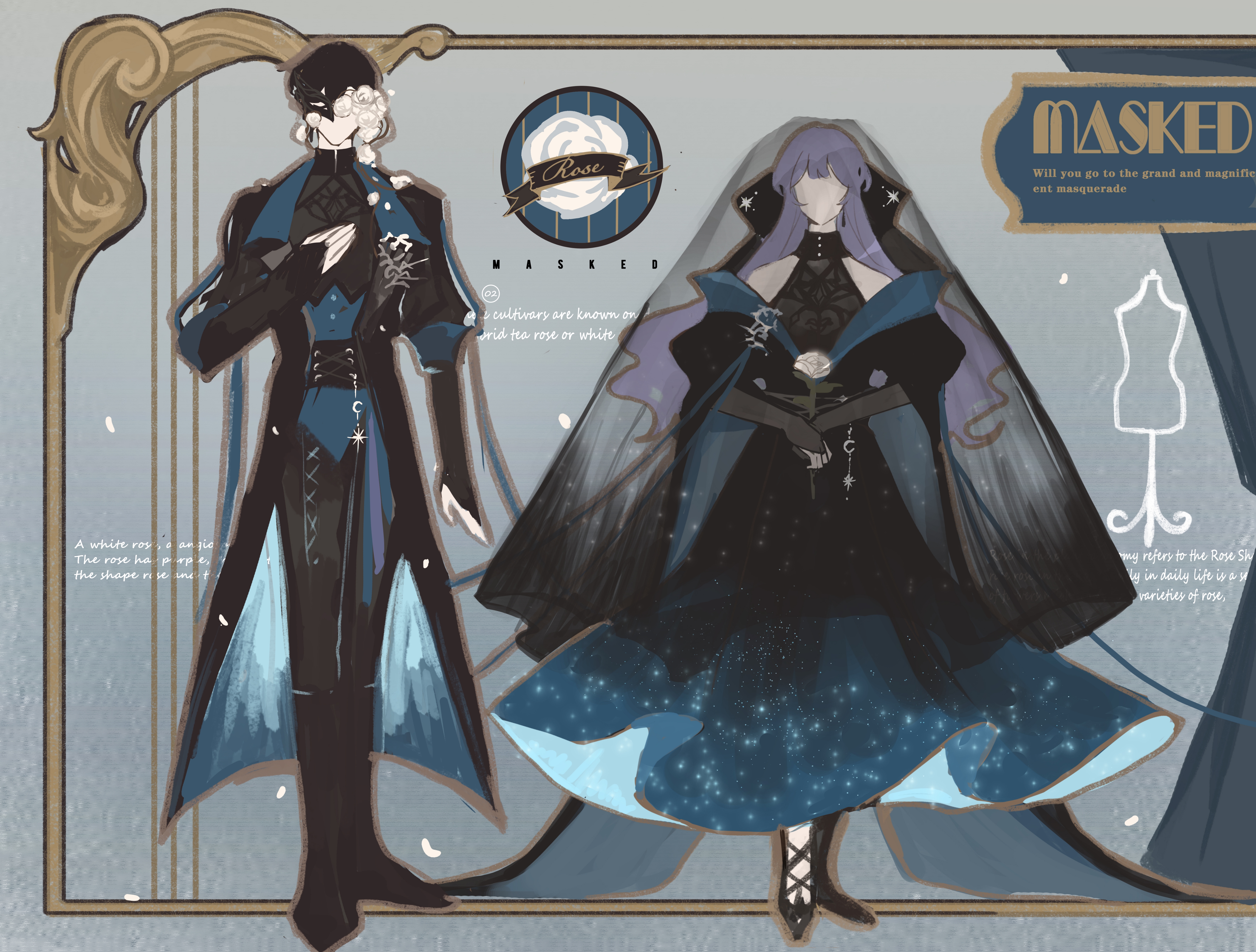 snow234, ayn alwyn, ayn alwyn (masquerade), heroine (lovebrush chronicles), lovebrush chronicles, absurdres, chinese commentary, highres, 1boy, 1girl, alternate costume, aqua background, arm at side, bare shoulders, belt charm, black boots, black bow, black bridal gauntlets, black coat, black corset, black dress, black hair, black mask, black pants, black ribbon, black shirt, black veil, blue coat, blue dress, blue ribbon, blue vest, boots, border, bow, bridal gauntlets, center-flap bangs, charm (object), coat, corset, crescent, domino mask, dress, earrings, english text, evening gown, faceless, faceless female, faceless male, facing viewer, falling petals, flower, flower over eye, full body, gradient clothes, gradient dress, hair between eyes, hair bow, half mask, halter dress, halterneck, hand on own chest, holding, holding flower, jewelry, lapel pin, lapels, large bow, leg ribbon, long dress, long hair, mannequin, mask, masquerade mask, matching outfits, notched lapels, official alternate costume, open clothes, open coat, ornate border, outside border, pants, pelvic curtain, petals, plant, puffy short sleeves, puffy sleeves, purple hair, ribbon, rose, see-through cleavage, see-through clothes, shirt, short hair, short sleeves, side-by-side, single earring, standing, starry sky print, straight-on, three-quarter sleeves, two-sided coat, two-sided fabric, two-tone dress, v arms, veil, veil over eyes, vest, vines, wavy hair, white flower, white rose, wide sleeves
