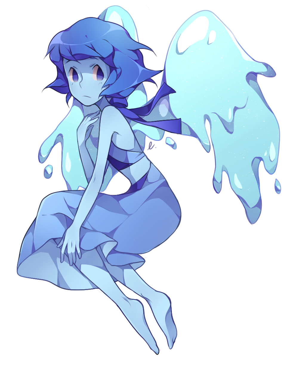 lapis lazuli (steven universe), steven universe, highres, 1girl, barefoot, blue eyes, blue hair, blue skin, closed mouth, colored skin, crop top, e021, elemental wings, homeworld gem uniform, homeworld lapis lazuli uniform, lapis lazuli (species) (steven universe), liquid wings, short hair, simple background, solo, water, water wings