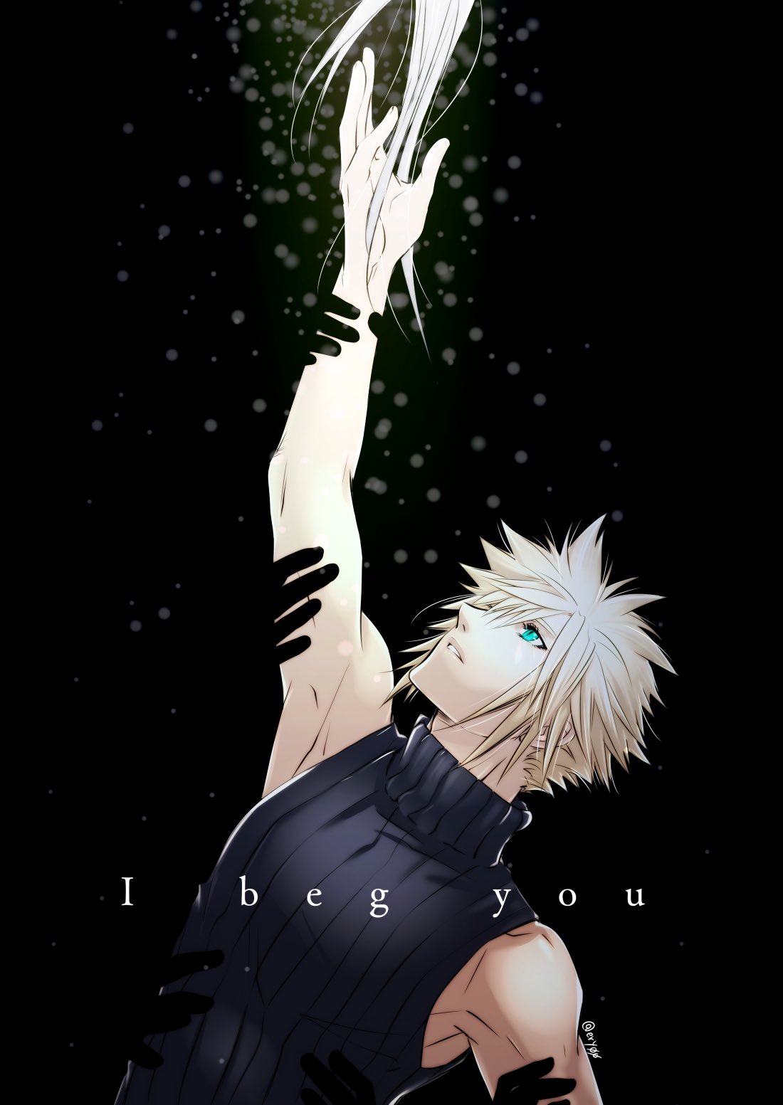 aiz00, cloud strife, sephiroth, final fantasy, final fantasy vii, highres, 2boys, aqua eyes, bare shoulders, black background, blonde hair, blue shirt, english text, hair between eyes, hand in another's hair, holding another's arm, long hair, male focus, multiple boys, outstretched hand, parted lips, shirt, short hair, sleeveless, sleeveless turtleneck, spiked hair, turtleneck, twitter username, upper body, white hair, yaoi
