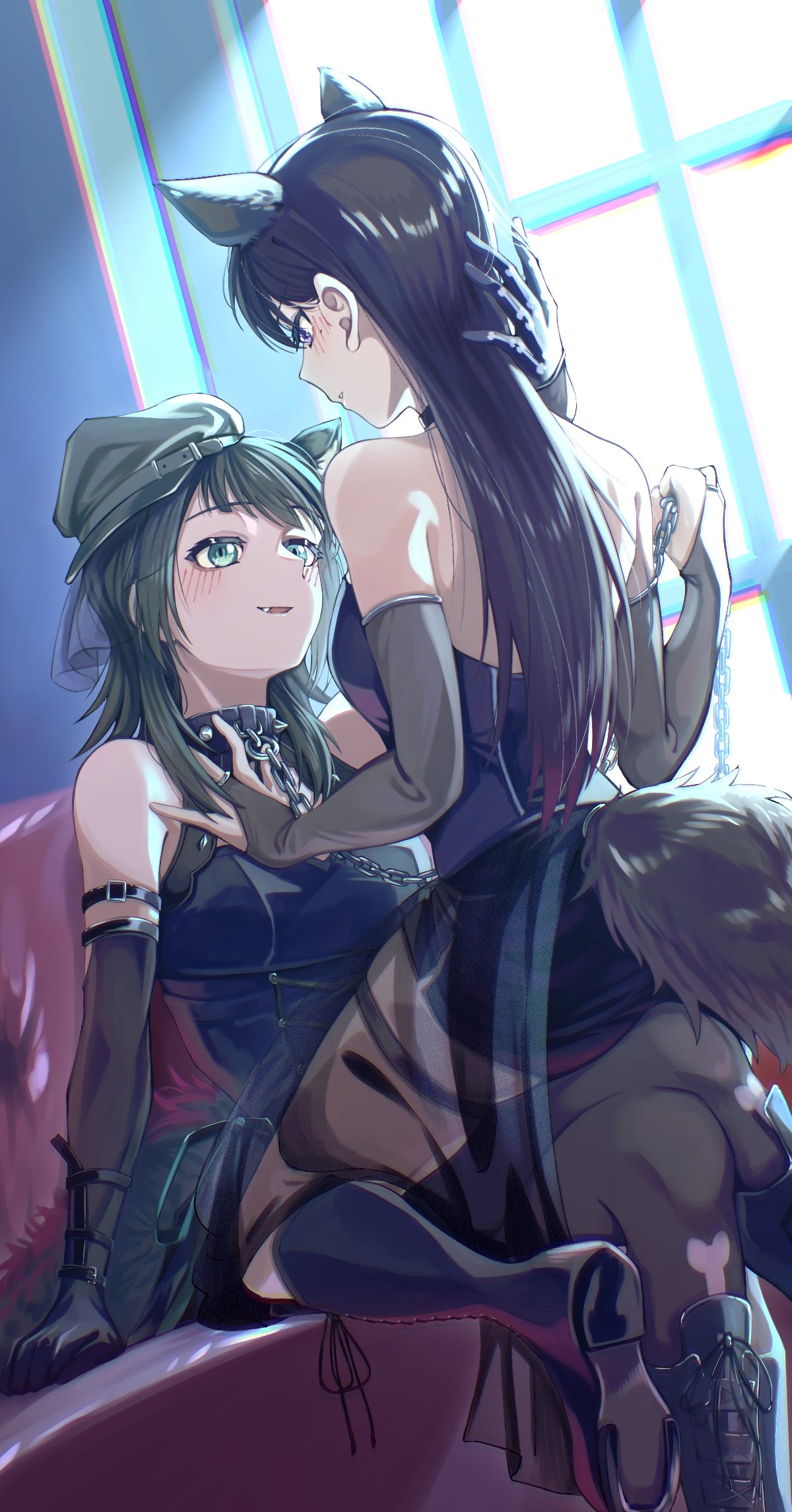 doki (oox3o), shiina taki, yahata umiri, yahata umiri (moonlight executioner), arknights, bang dream!, bang dream! it's mygo!!!!!, highres, 2girls, animal ears, black boots, black collar, black dress, black gloves, black hair, black hat, black pantyhose, blue eyes, blush, boots, bridal gauntlets, brown hair, chain, chain leash, choker, collar, detached sleeves, dress, fang, gloves, green eyes, hand in another's hair, hat, holding, holding leash, kemonomimi mode, leash, multiple girls, open mouth, pantyhose, parted lips, purple eyes, smile, straddling, tail, wolf ears, wolf girl, wolf tail, yuri