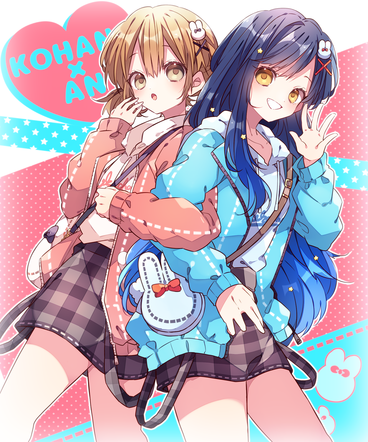 kaho 0102, azusawa kohane, shiraishi an, project sekai, commentary request, highres, 2girls, :o, bag, blonde hair, blue hair, blue jacket, brown skirt, character name, cowboy shot, drawstring, grin, hair ornament, hand up, heart, hood, hood down, hoodie, jacket, long hair, long sleeves, looking at viewer, multiple girls, open clothes, open jacket, open mouth, plaid clothes, plaid skirt, red jacket, shoulder bag, skirt, smile, white hoodie, x hair ornament, yellow eyes