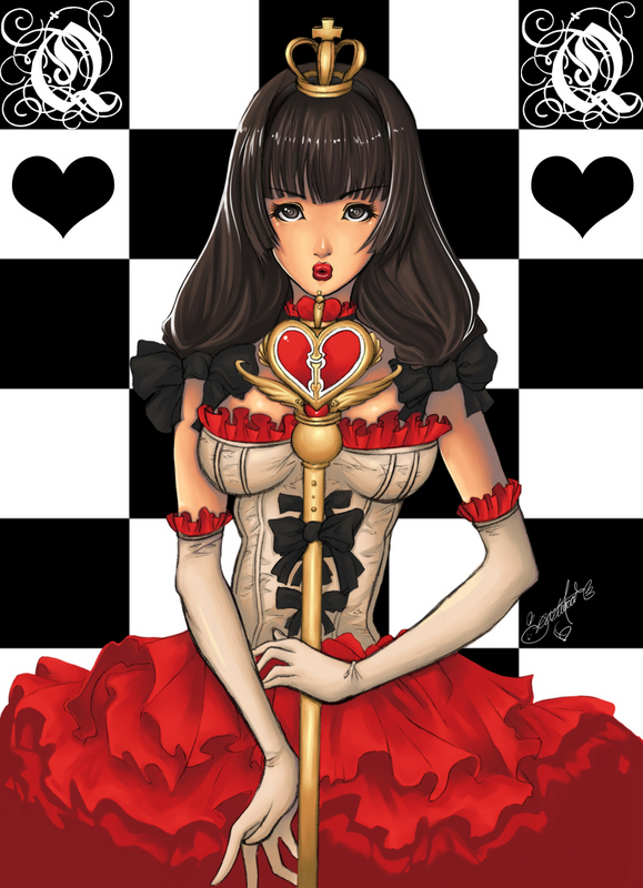 brown eyes, brown hair, crown, dress, elbow gloves, gloves, gold crown, hat, lipstick, long hair, makeup, solo, staff, wand
