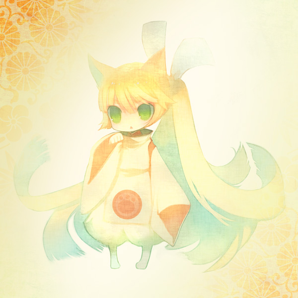 puti devil, original, animal ears, blonde hair, fox ears, ponytail, solo, standing