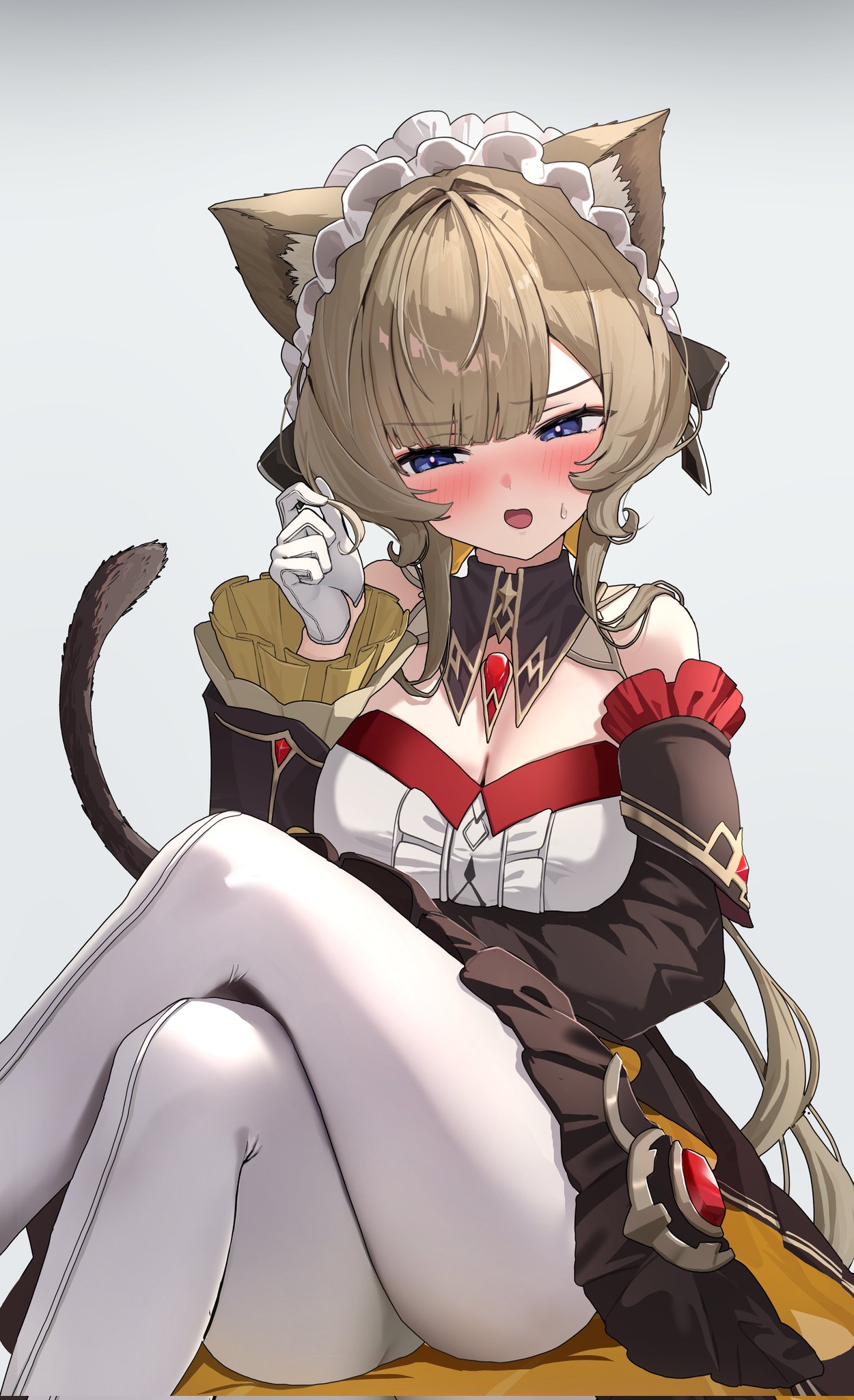 339 akano, sandrone (genshin impact), genshin impact, highres, animal ears, black dress, blue eyes, blush, breasts, brown hair, cat ears, cat girl, cat tail, dress, gloves, headdress, large breasts, pantyhose, sitting, tail, thick thighs, thighs, white gloves