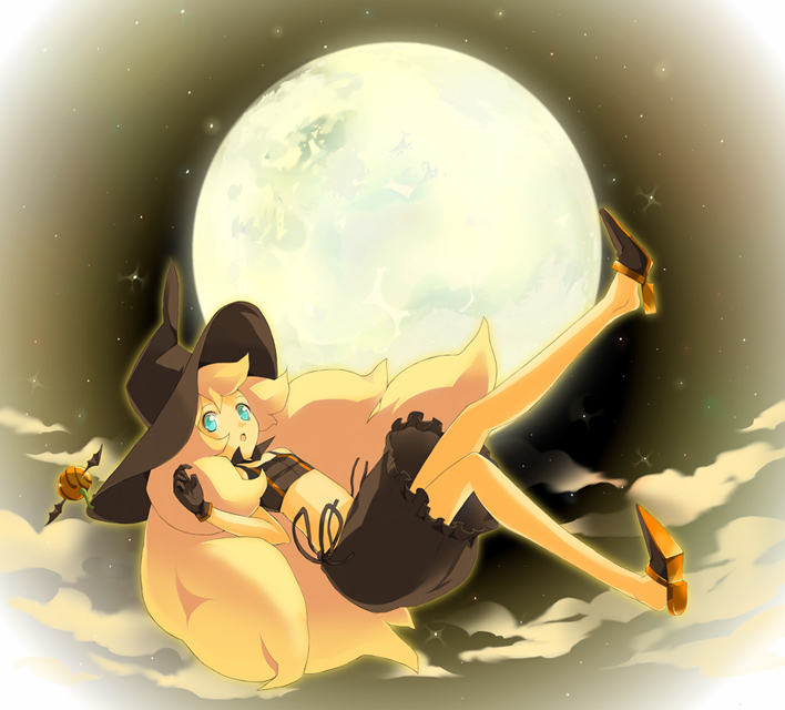 tsujisaki, bad id, bad pixiv id, blonde hair, blue eyes, detached collar, hat, moon, solo, witch hat