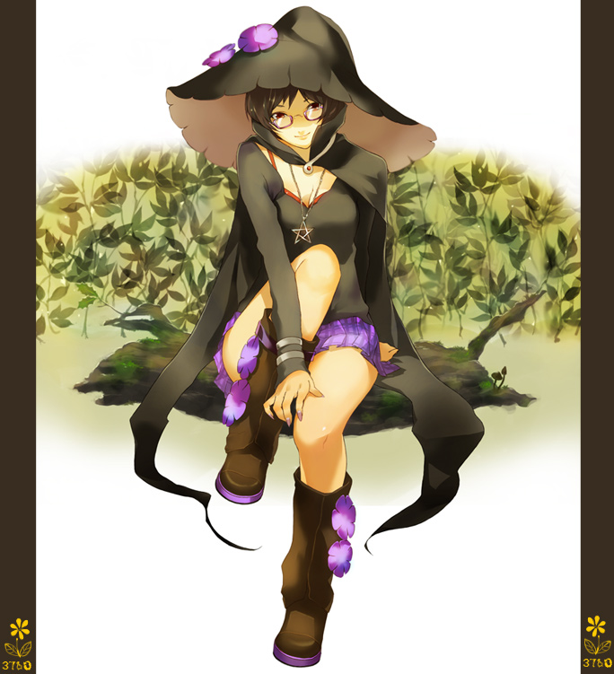 tsujisaki, bad id, bad pixiv id, 1girl, arm support, black hair, boots, breasts, brown boots, brown eyes, cape, female focus, glasses, hat, jewelry, light smile, long sleeves, looking at viewer, miniskirt, nail polish, necklace, pentagram, purple skirt, semi-rimless eyewear, shirt, short hair, sitting, skirt, smile, solo, under-rim eyewear, witch hat