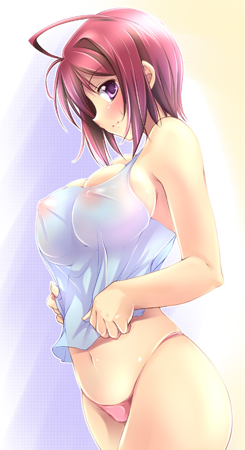 fct, sara da pranzo, sdp, lunamaria hawke, gundam, gundam seed, gundam seed destiny, 00s, 1girl, bare shoulders, blush, breasts, covered erect nipples, female focus, huge breasts, large breasts, looking at viewer, midriff, navel, nipples, no bra, no pants, panties, pink panties, profile, puffy nipples, purple eyes, red hair, see-through clothes, short hair, sideboob, smile, solo, tank top, underwear