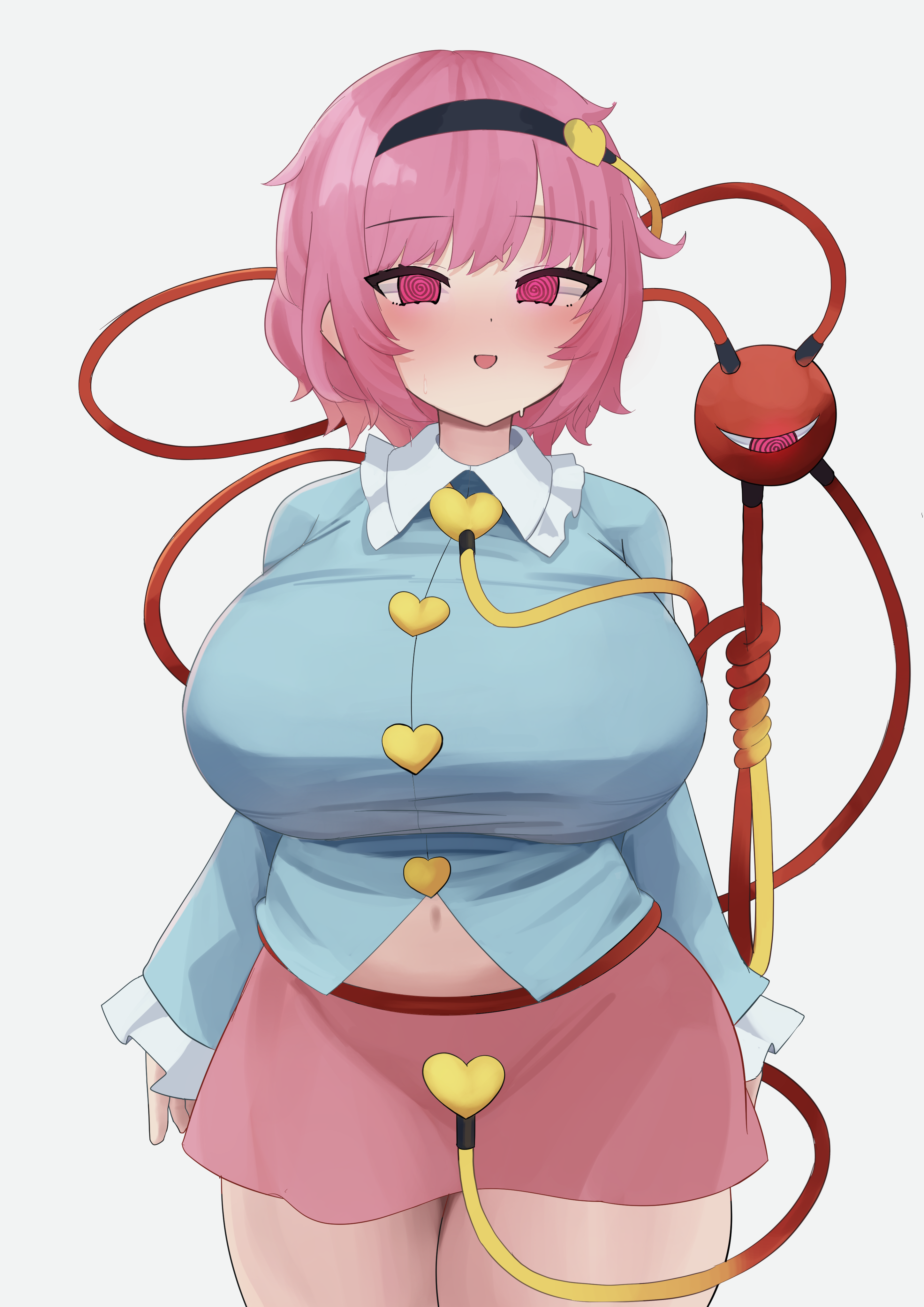 shinonome zakuro, komeiji satori, touhou, absurdres, check translation, highres, partially translated, translation request, 1girl, @ @, black hairband, blouse, blue shirt, blush, breasts, buttons, eyeball, frilled shirt collar, frilled sleeves, frills, hair ornament, hairband, heart, heart button, heart hair ornament, heart of string, huge breasts, hypnosis, midriff, mind control, miniskirt, pink eyes, pink hair, pink skirt, plump, ribbon-trimmed collar, ribbon trim, shirt, siblings, simple background, skirt, smile, solo, steaming body, third eye, white background