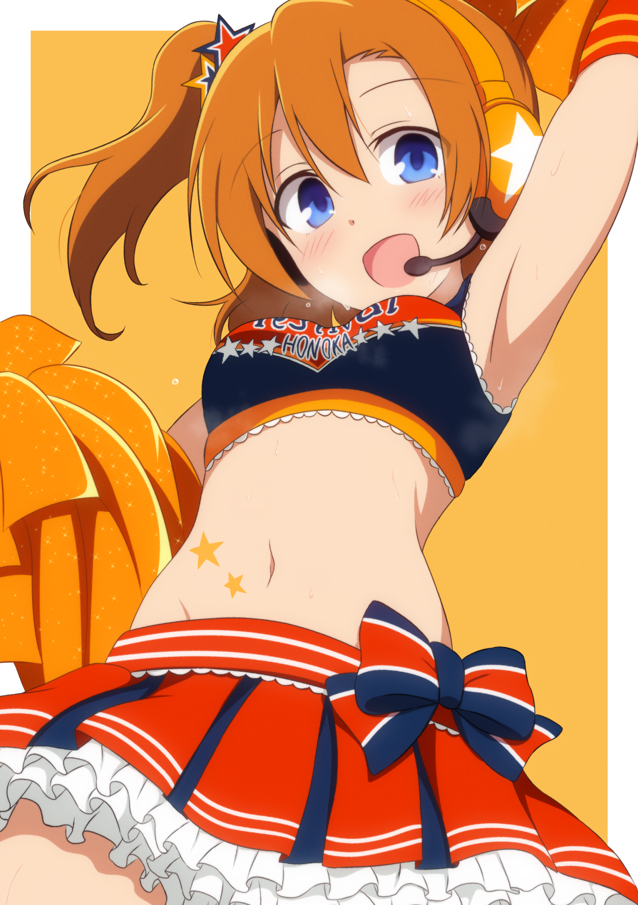 curakuru, kosaka honoka, love live!, love live! school idol project, absurdres, commentary, commission, highres, skeb commission, 1girl, :d, armpits, blue eyes, blush, border, breasts, cheerleader, clothes writing, cowboy shot, frilled skirt, frills, groin, headset, looking at viewer, medium breasts, miniskirt, navel, official alternate costume, one side up, open mouth, orange background, orange skirt, outside border, pleated skirt, pom pom (cheerleading), simple background, skirt, smile, solo, stomach, takaramonozu, white border