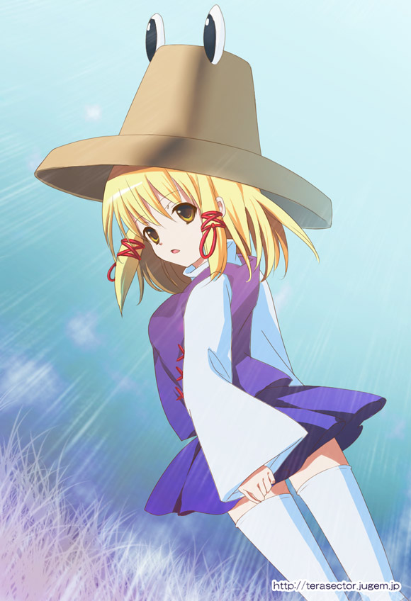 omuni, moriya suwako, touhou, 1girl, blonde hair, female focus, gradient background, hat, nature, plant, skirt, solo, thighhighs