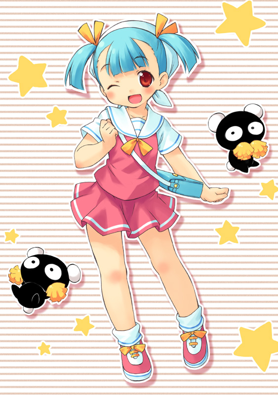 inou shin, doki doki majo shinpan, 1girl, bag, blue hair, blush, child, female focus, hair ribbon, handbag, happy, one eye closed, open mouth, red eyes, ribbon, school uniform, serafuku, shoes, short twintails, skirt, sneakers, solo, star (symbol), twintails, wink