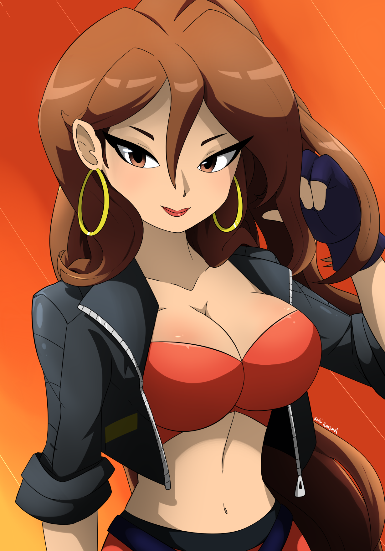 kenjikanzaki05, blaze fielding, streets of rage, streets of rage 4, commentary, english commentary, highres, 1girl, 2018, adjusting hair, arm at side, artist name, bandeau, black gloves, black jacket, breasts, brown eyes, brown hair, closed mouth, collarbone, earrings, female focus, fingerless gloves, gloves, gradient background, hair between eyes, half-closed eyes, hoop earrings, jacket, jewelry, large breasts, long eyelashes, long hair, looking at viewer, navel, open clothes, open jacket, red lips, red skirt, simple background, skirt, smile, solo, upper body, v-shaped eyebrows