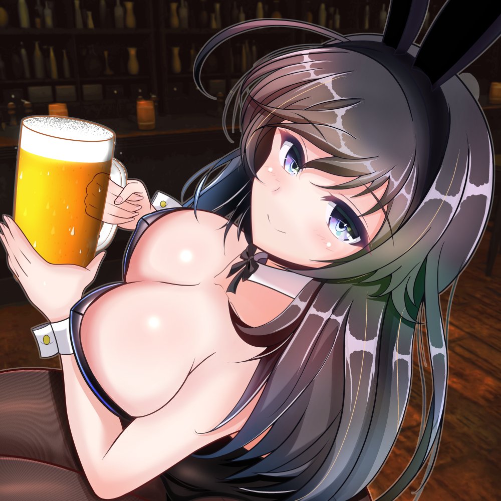 kumaisao, isuzu hana, girls und panzer, 1girl, animal ears, beer mug, black bow, black bowtie, black hair, black pantyhose, blue eyes, blush, bowtie, breasts, cleavage, closed mouth, fake animal ears, large breasts, leotard, long hair, looking at viewer, mug, pantyhose, playboy bunny, rabbit ears, smile, solo