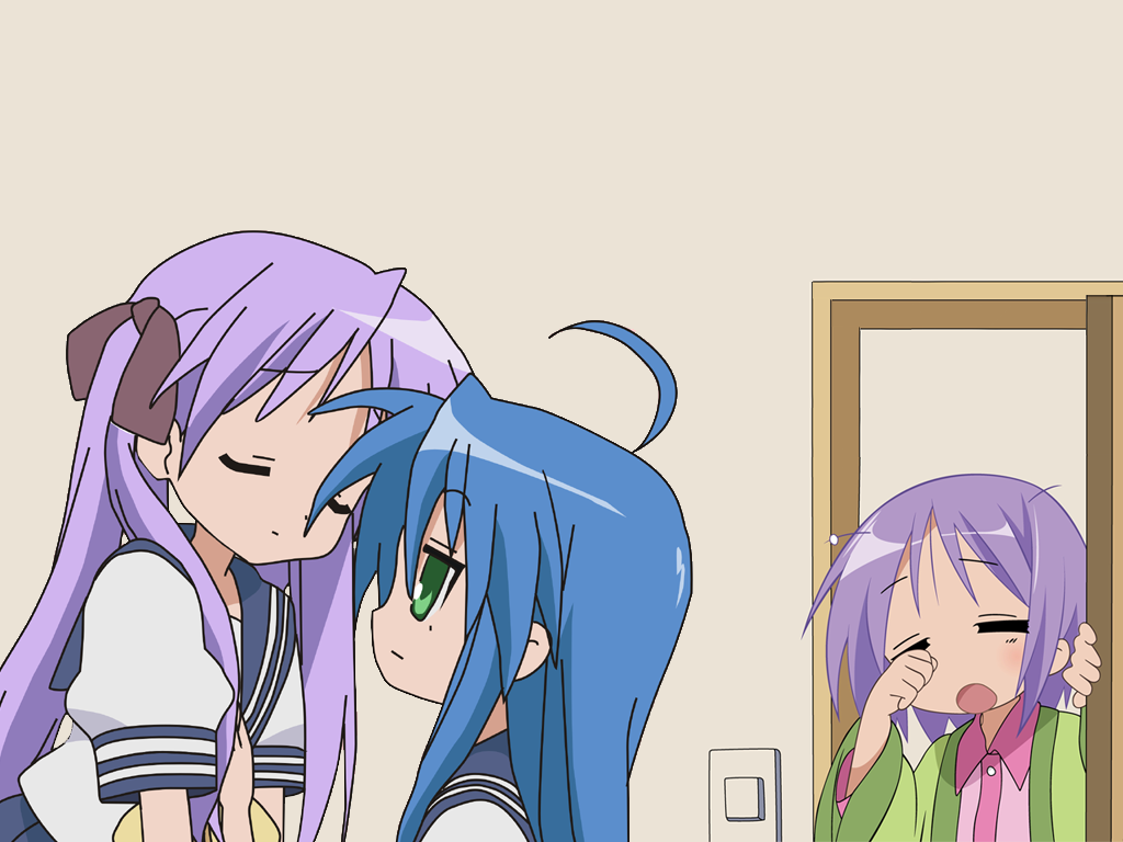 hiiragi kagami, hiiragi tsukasa, izumi konata, lucky star, derivative work, vector trace, 00s, 3girls, = =, closed eyes, mole, mole under eye, multiple girls, pajamas, school uniform, serafuku, siblings, sisters, twins, yuri