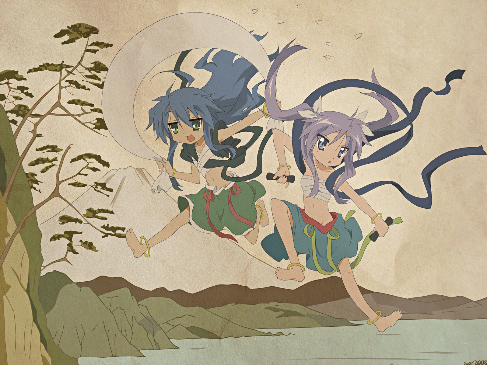 fuujin (mythology), hiiragi kagami, izumi konata, raijin (mythology), lucky star, highres, 2girls, anklet, barefoot, blue hair, bracelet, feet, female focus, fine art parody, jewelry, multiple girls, nihonga, no panties, parody, purple hair, sarashi, shinto, water