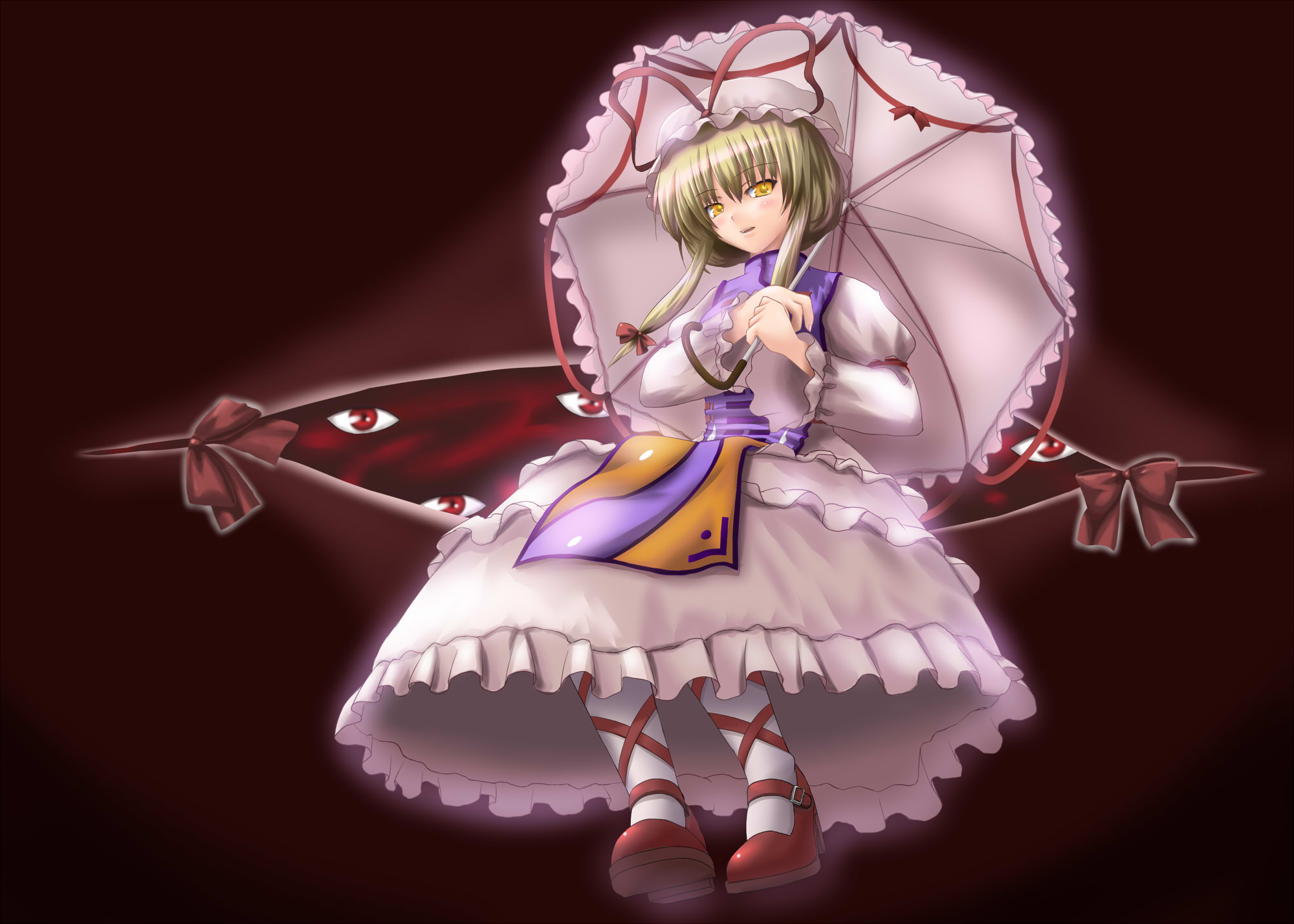 kisaragi miyu, yakumo yukari, touhou, highres, 1girl, ankle lace-up, blonde hair, dress, female focus, full body, gap (touhou), hat, long hair, looking at viewer, mary janes, pantyhose, ribbon, shoes, solo, umbrella, white pantyhose