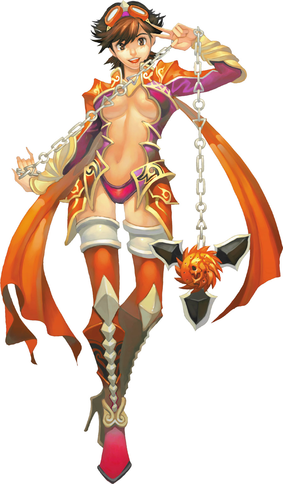 flyff, highres, armor, boots, brown eyes, brown hair, chain, goggles, high heel boots, high heels, shoes, short hair, solo, thighhighs, weapon