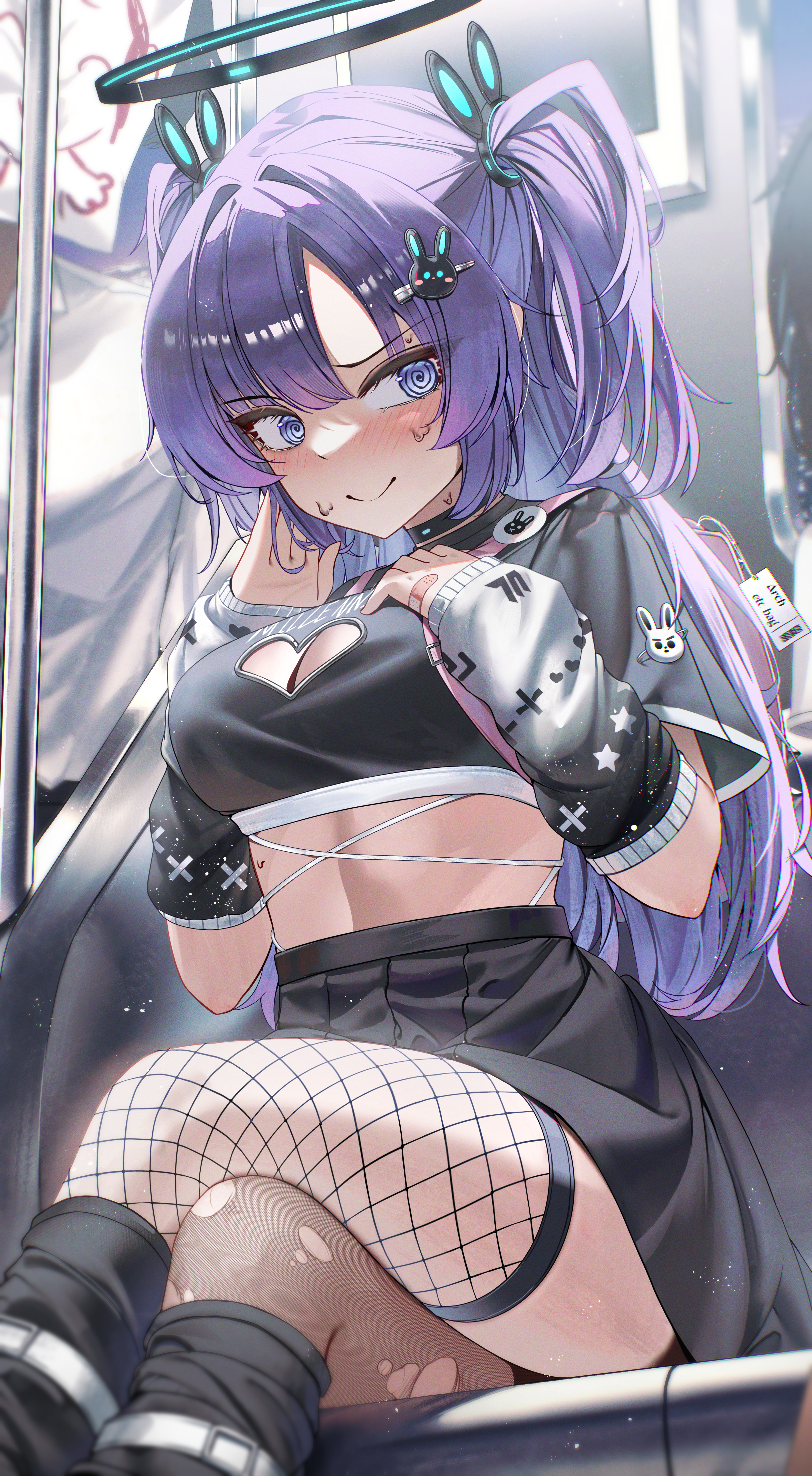 arch a4, doodle sensei (blue archive), sensei (blue archive), yuuka (blue archive), blue archive, absurdres, highres, 1boy, 1girl, @ @, alternate costume, arm warmers, asymmetrical legwear, backpack, badge, bag, bandaid, bandaid on hand, black skirt, black socks, blue eyes, blush, breasts, button badge, casual, cleavage, clothing cutout, crop top, crossed legs, fishnet thighhighs, fishnets, hair ornament, hair tie, hairclip, halo, heart cutout, high-waist skirt, large breasts, long hair, looking at viewer, loose socks, mechanical halo, midriff, paper on head, pink bag, pleated skirt, purple eyes, purple hair, rabbit hair ornament, shirt, short sleeves, sitting, skirt, smile, socks, solo, sweatdrop, thighhighs, torn clothes, torn thighhighs, train interior, tsurime, two side up
