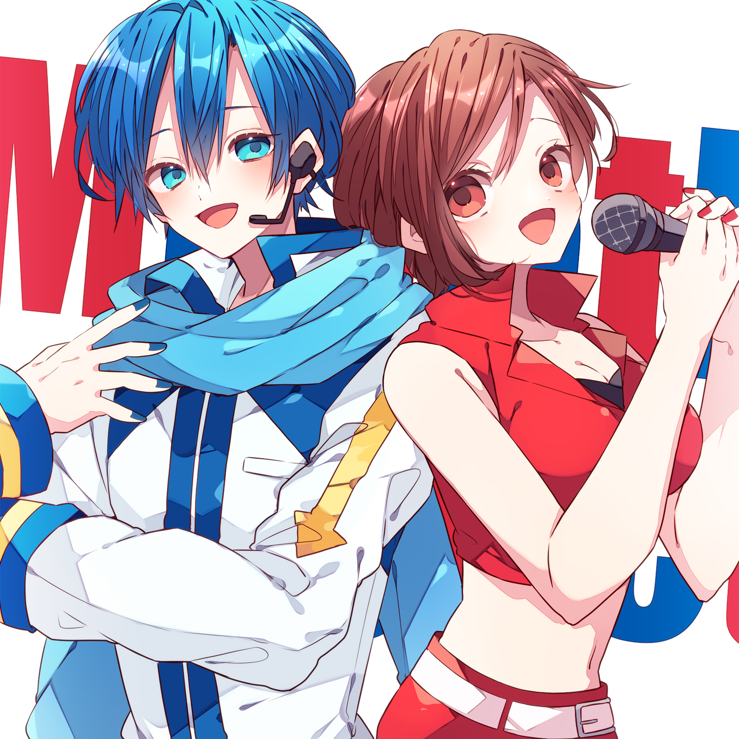 kaho 0102, kaito (vocaloid), meiko (vocaloid), vocaloid, commentary request, highres, 1boy, 1girl, :d, blue eyes, blue hair, blue nails, blue scarf, blush, breasts, brown eyes, brown hair, cleavage, crop top, cropped jacket, double-parted bangs, hair between eyes, headset, holding, holding microphone, jacket, long sleeves, looking at viewer, microphone, midriff, nail polish, navel, open mouth, red jacket, red nails, scarf, shirt, short hair, sleeveless, sleeveless jacket, smile, upper body, white shirt