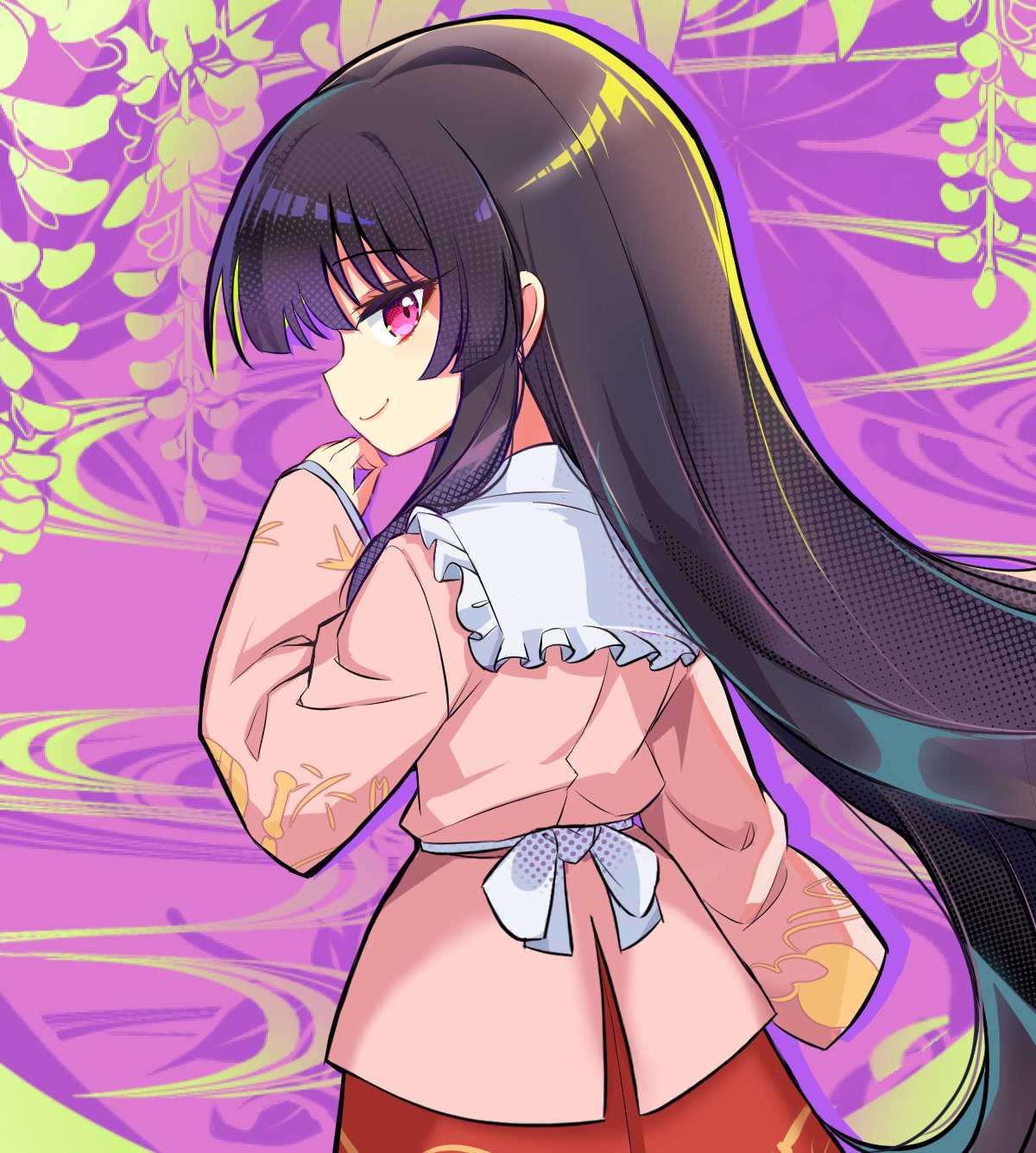 harakune (mugennero), houraisan kaguya, touhou, highres, 1girl, back, black hair, closed mouth, floral background, frills, from behind, hand up, hime cut, long hair, long sleeves, looking at viewer, looking back, pink eyes, pink shirt, purple background, red skirt, shirt, skirt, smile, solo