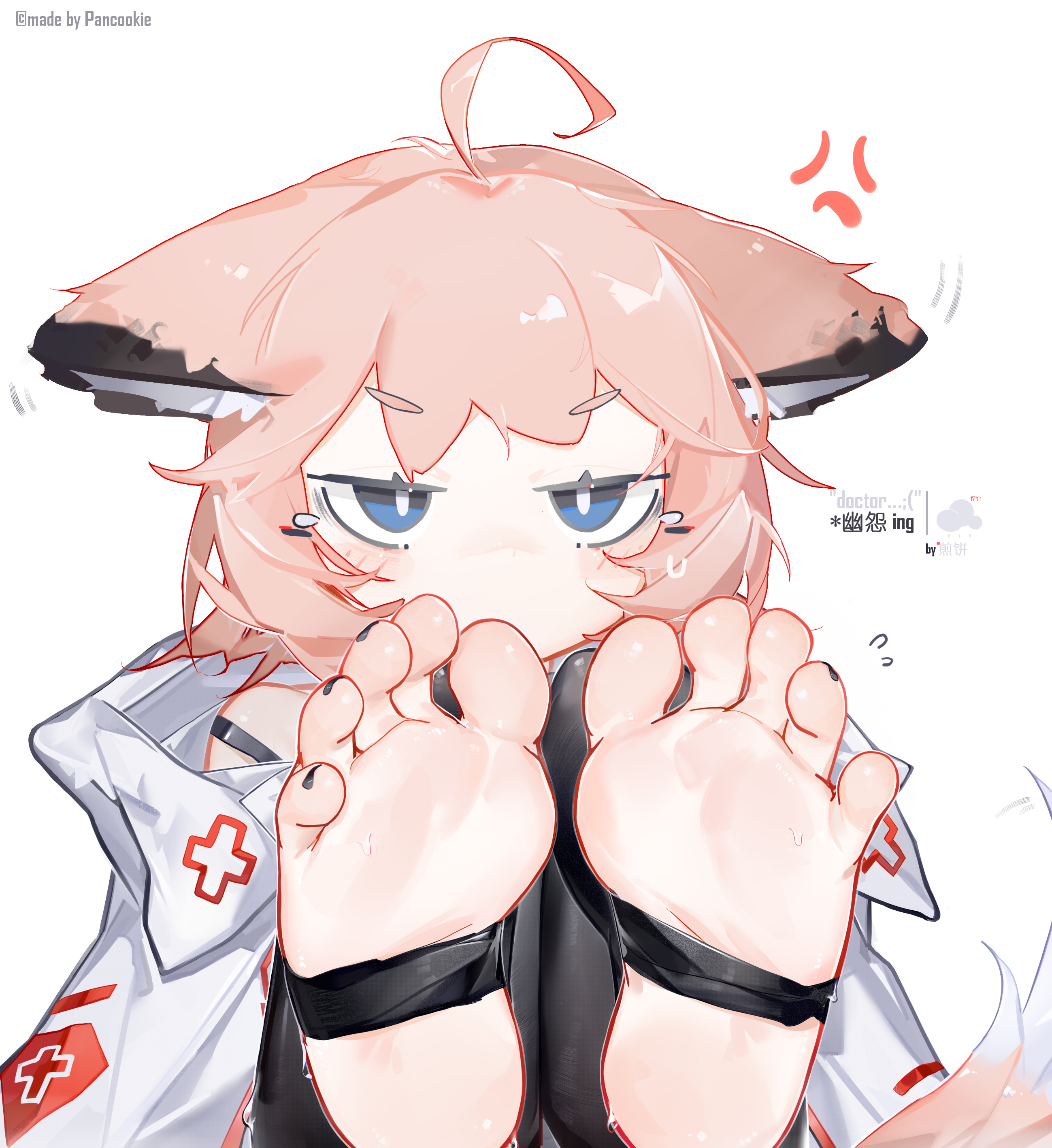 meiwei de jianbing, sussurro (arknights), arknights, absurdres, highres, 1girl, ahoge, anger vein, animal ears, blue eyes, feet, foot focus, pink hair, soles, solo, stirrup legwear, tail, toeless legwear, toes, white background