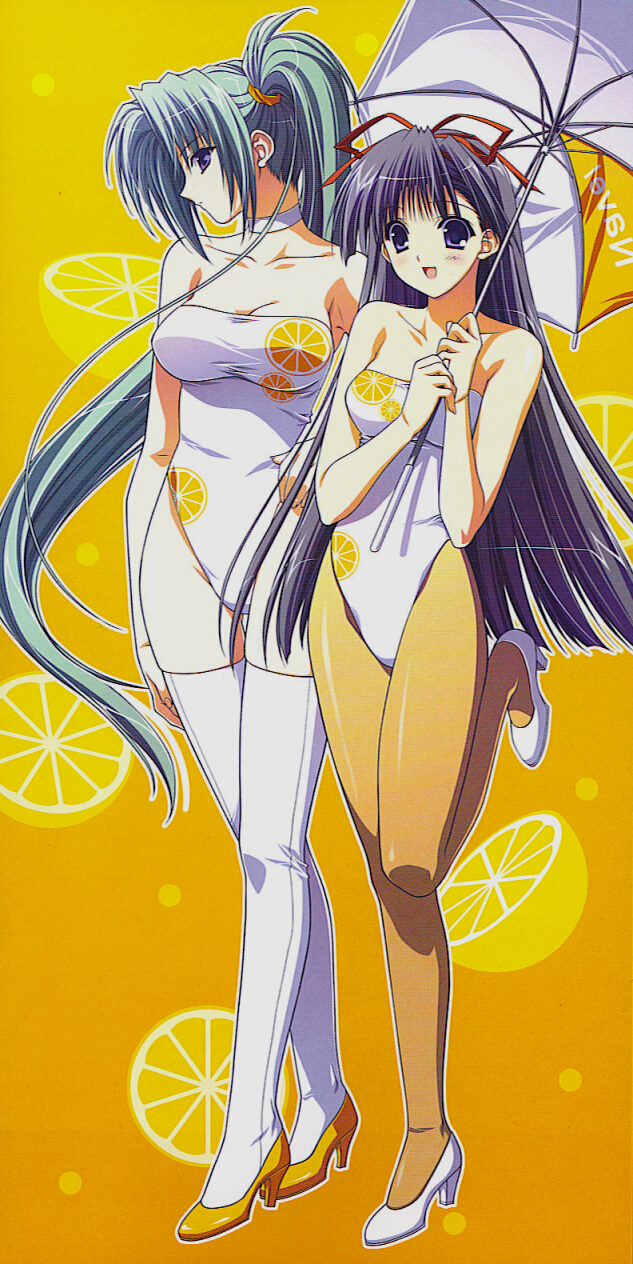 suzuhira hiro, nagase sayaka, yuu yamanami, navel (company), soul link, white footwear, yellow footwear, highres, 00s, 2girls, bare shoulders, black hair, blue eyes, blush, casual one-piece swimsuit, choker, company name, food, food-themed clothes, food print, fruit, fruit print, full body, green hair, hair ribbon, high heels, leg lift, long hair, looking at viewer, multiple girls, one-piece swimsuit, orange (fruit), orange pantyhose, orange print, outline, pantyhose, ponytail, pumps, race queen, ribbon, shoes, side ponytail, smile, standing, strapless, strapless one-piece swimsuit, swimsuit, thighhighs, umbrella, very long hair, white choker, white outline, white thighhighs
