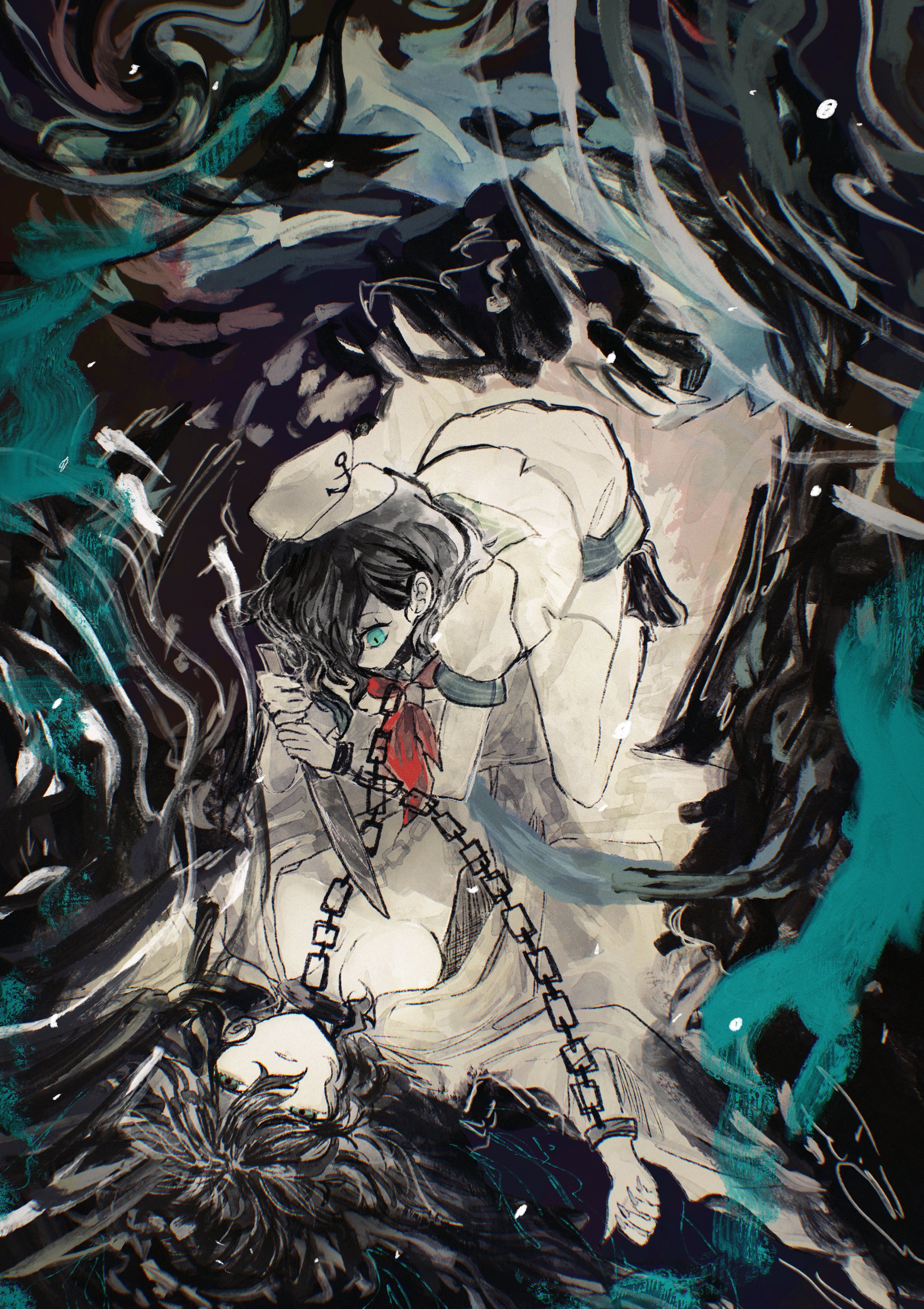 mitsusame, murasa minamitsu, touhou, absurdres, highres, 2girls, abstract, anchor symbol, black shoes, breasts, chain, collar, dual persona, expressionless, fingernails, green eyes, hair over one eye, hat, holding, holding knife, japanese clothes, kimono, knife, long fingernails, long hair, long sleeves, lying on person, multiple girls, open clothes, open kimono, pale skin, shirt, shoes, short hair, short sleeves, shorts, symbolism, white hat, white kimono, white shirt, white shorts, wrist cuffs