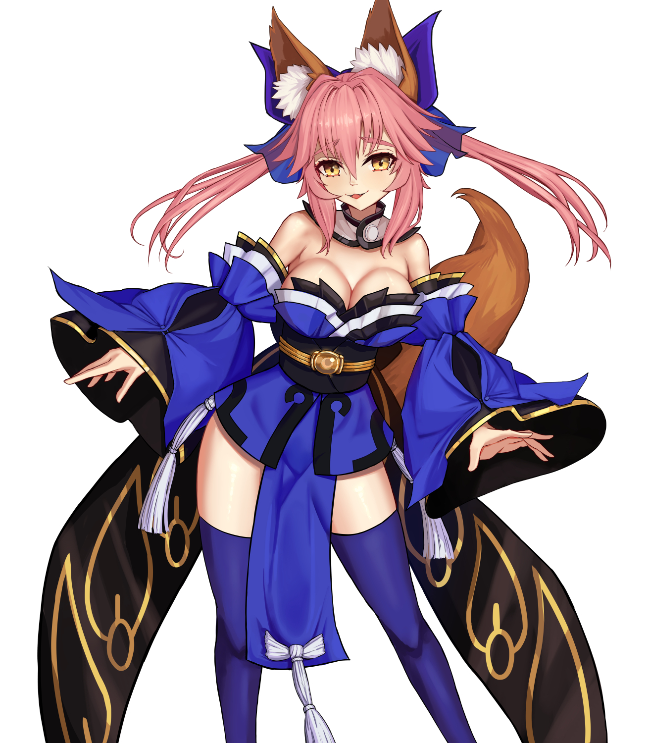 kapi-san, tamamo no mae (fate), fate/extra, fate (series), tamamo (fate), highres, 1girl, animal ear fluff, animal ears, bare shoulders, blue bow, blue kimono, blue thighhighs, bow, breasts, cleavage, detached collar, detached sleeves, fox ears, fox girl, fox tail, hair between eyes, hair bow, japanese clothes, kimono, large breasts, long hair, looking at viewer, obi, pink hair, sash, sidelocks, smile, solo, tail, thighhighs, thighs, tongue, tongue out, twintails, wide sleeves, yellow eyes