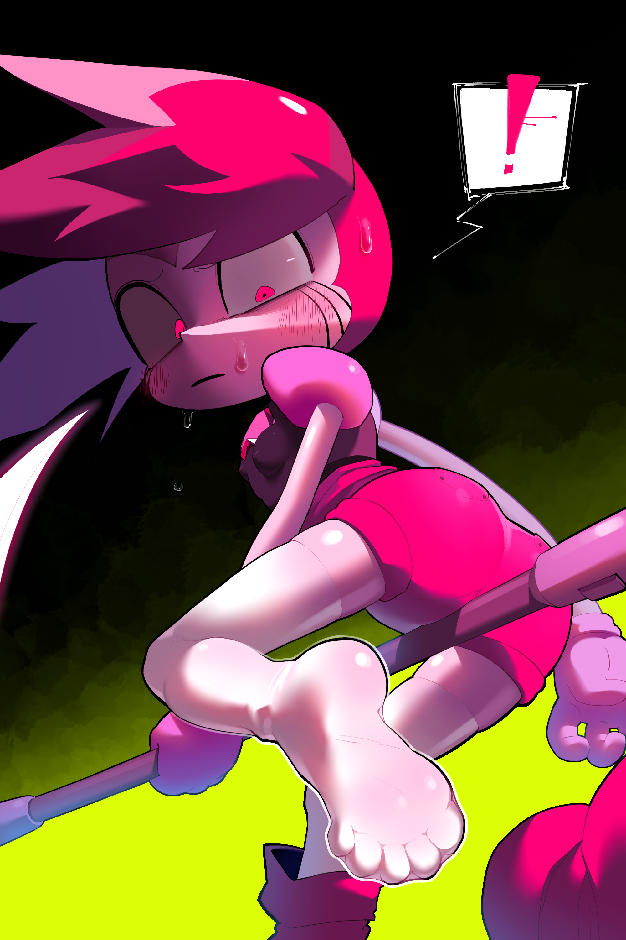 bubibubi, spinel (steven universe), steven universe, absurdres, highres, 1girl, colored skin, feet, gem (steven universe), gem rejuvenator, gloves, holding, legs, pink eyes, pink gloves, pink hair, pink skin, soles, solo, steven universe: the movie, thighhighs, twintails, white thighhighs