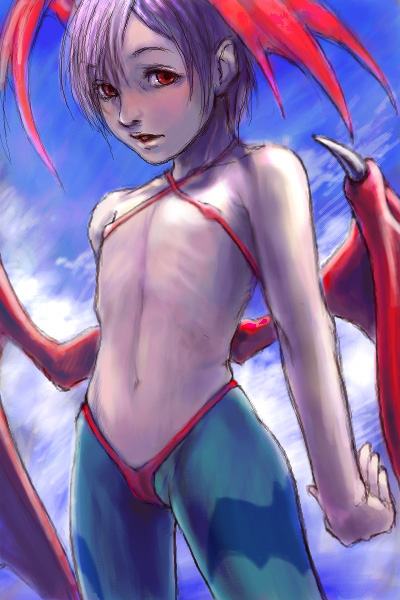 inomoto hiro, lilith (darkstalkers), capcom, darkstalkers, 1girl, animal print, bat print, blush, demon girl, female focus, flat chest, head wings, pantyhose, print pantyhose, purple hair, red eyes, ribs, short hair, solo, wings