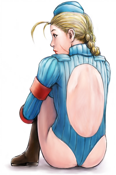 inomoto hiro, cammy white, capcom, street fighter, street fighter zero (series), 1990s (style), 1girl, ass, back, back focus, blonde hair, blue leotard, braid, female focus, garrison cap, hat, leotard, retro artstyle, scar, sitting, sleeved leotard, solo