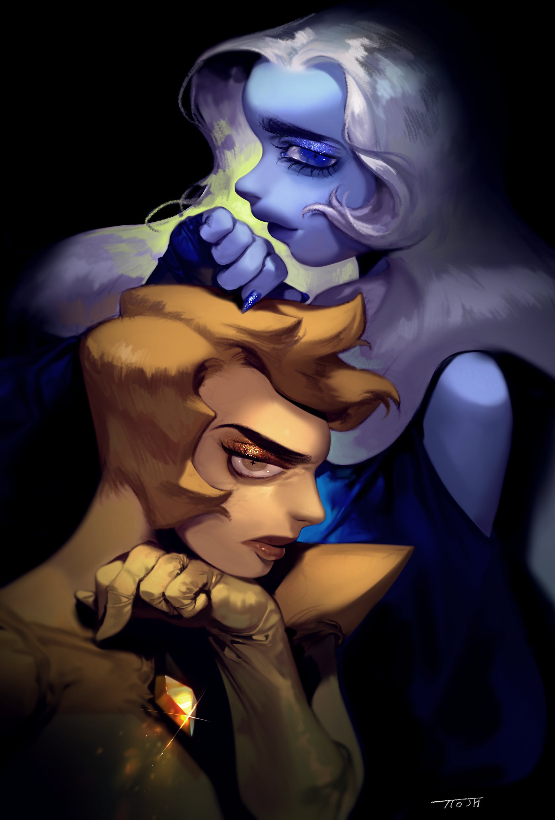 tto ja, blue diamond (steven universe), yellow diamond (steven universe), steven universe, absurdres, highres, alien, blonde hair, blue eyes, blue skin, chest jewel, closed mouth, colored skin, diamond (species) (steven universe), gem, gem (steven universe), gloves, long hair, looking at viewer, multiple girls, short hair, simple background, thick lips, white hair, yellow eyes, yellow skin