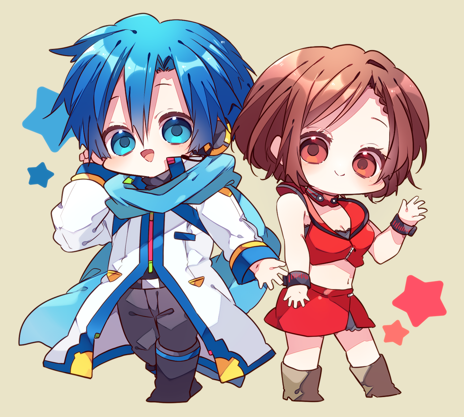 kaho 0102, kaito (vocaloid), meiko (vocaloid), vocaloid, commentary request, highres, 1boy, 1girl, :d, bare shoulders, black boots, black pants, blue eyes, blue hair, blue scarf, blush, boots, breasts, brown background, brown boots, brown hair, cleavage, closed mouth, coat, crop top, cropped jacket, double-parted bangs, full body, hair between eyes, hand up, jacket, long sleeves, looking at viewer, midriff, navel, open mouth, pants, parted bangs, red eyes, red jacket, red skirt, scarf, short hair, simple background, skirt, sleeveless, sleeveless jacket, smile, standing, star (symbol), white coat