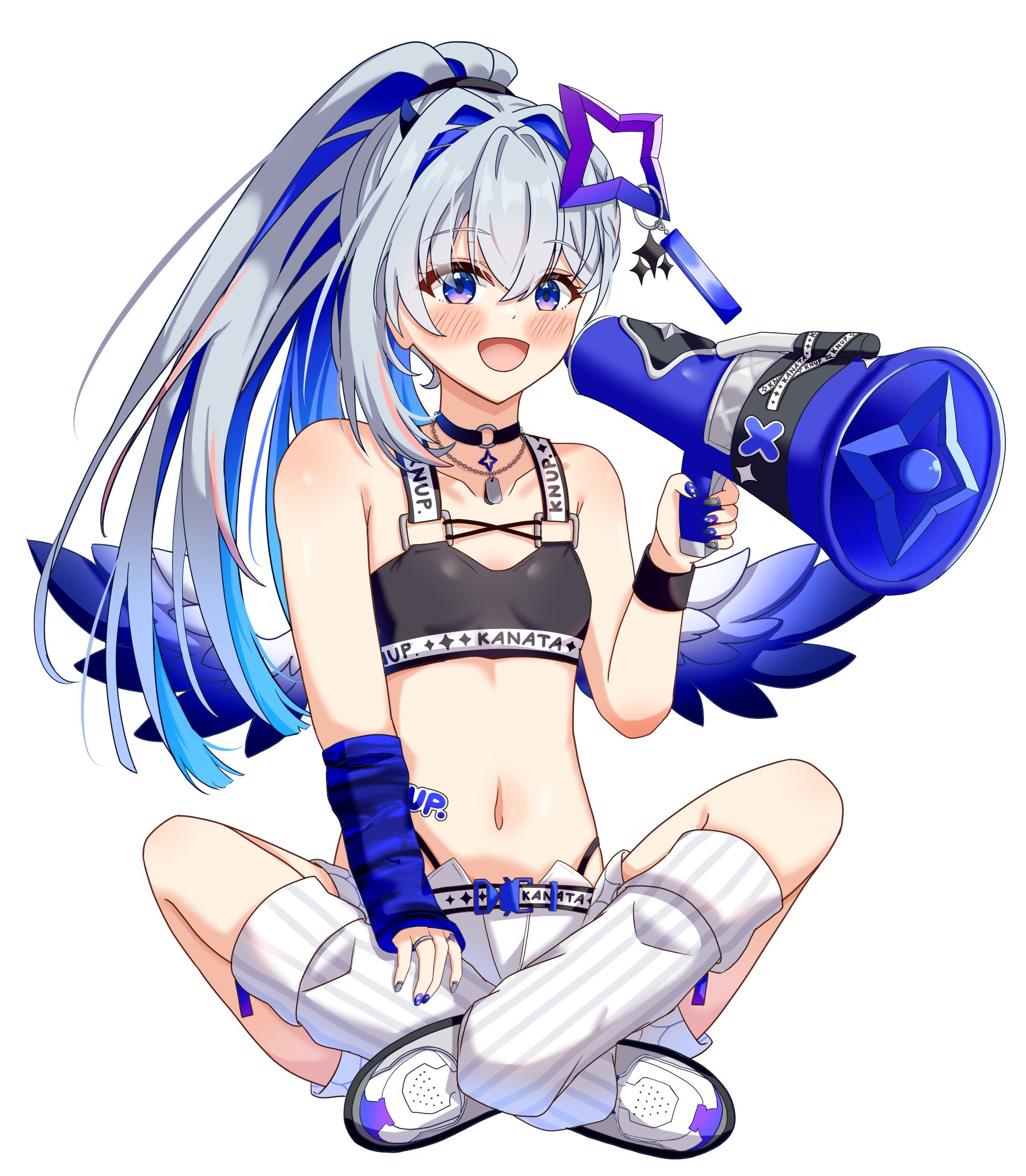 akagawashake, amane kanata, amane kanata (lock on), hololive, sig sauer, highres, 1girl, :d, arm warmers, black sports bra, blue arm warmers, blue eyes, blue hair, blue streaks, blue trim, blue wings, blush, braid, choker, colored inner hair, earrings, gradient wings, grey hair, hair intakes, halo, holding, holding megaphone, horn hairband, jewelry, long hair, looking at viewer, megaphone, mini wings, multicolored hair, multicolored wings, nail polish, navel, o-ring, o-ring choker, official alternate costume, open mouth, panty straps, pink streaks, ponytail, purple eyes, quilted jacket, ribbed leg warmers, ring, shoes, shorts, single arm warmer, smile, sneakers, solo, sports bra, star halo, streaked hair, virtual youtuber, white shoes, wings
