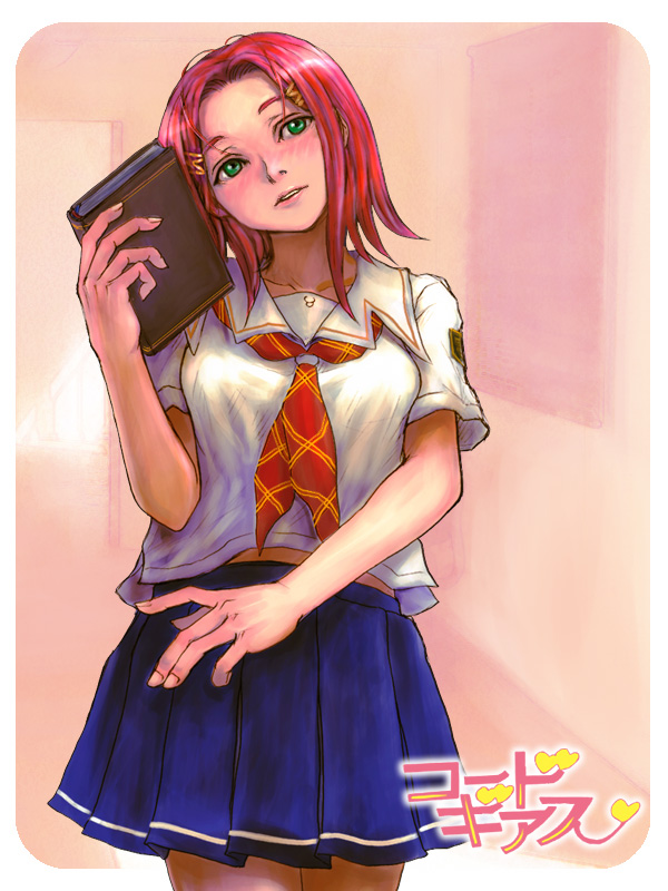 inomoto hiro, kouzuki kallen, code geass, kimi kiss, blush, cosplay, green eyes, red hair, school uniform, serafuku, short hair