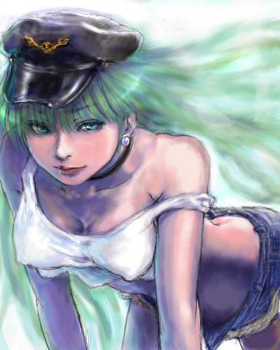 inomoto hiro, morrigan aensland, poison (final fight), capcom, darkstalkers, final fight, lowres, 1girl, bent over, cosplay, female focus, green eyes, green hair, hat, long hair, matching hair/eyes, poison (cosplay), poison (final fight) (cosplay), shorts, solo